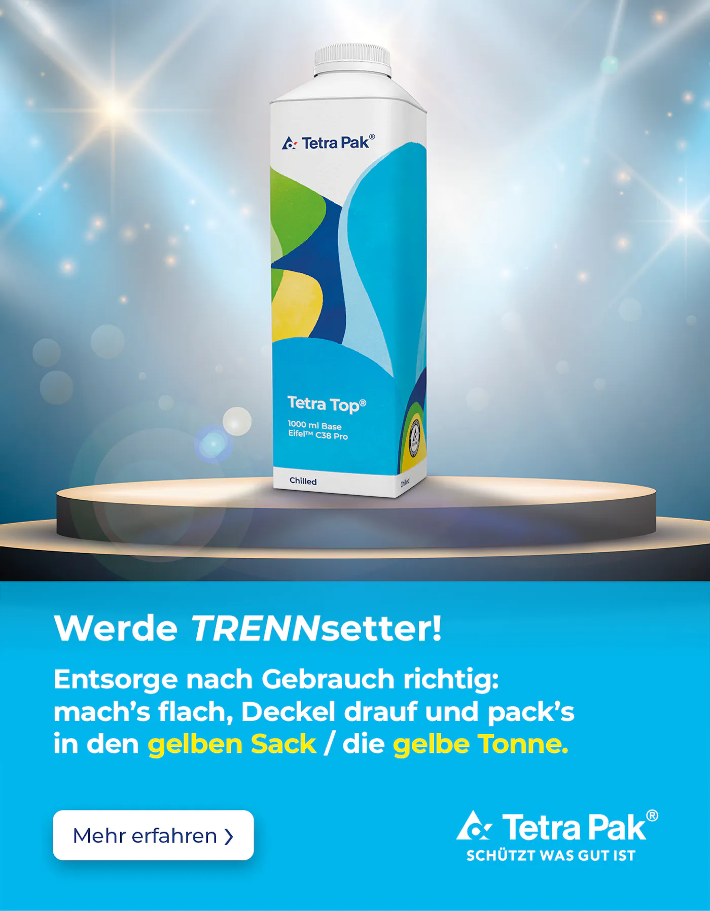 Eine bunte Verpackung von Tetra Pak im Rampenlicht.