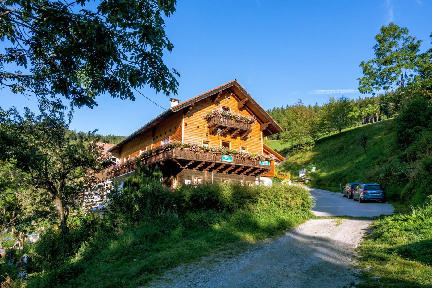 Almbauer Morgenbesser - gemütliches Holzhaus, davor parkende Autos, umgeben von Natur und Hügeln