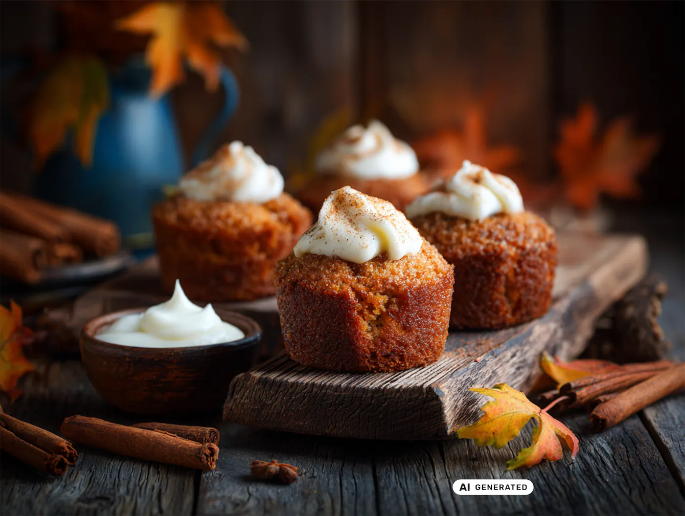 Apfel-Zimt-Küchlein mit Joghurt-Creme auf einem rustikalen Brett mit herbstlicher Dekoration und bunten Blättern rundherum - teilweise KI-generiert