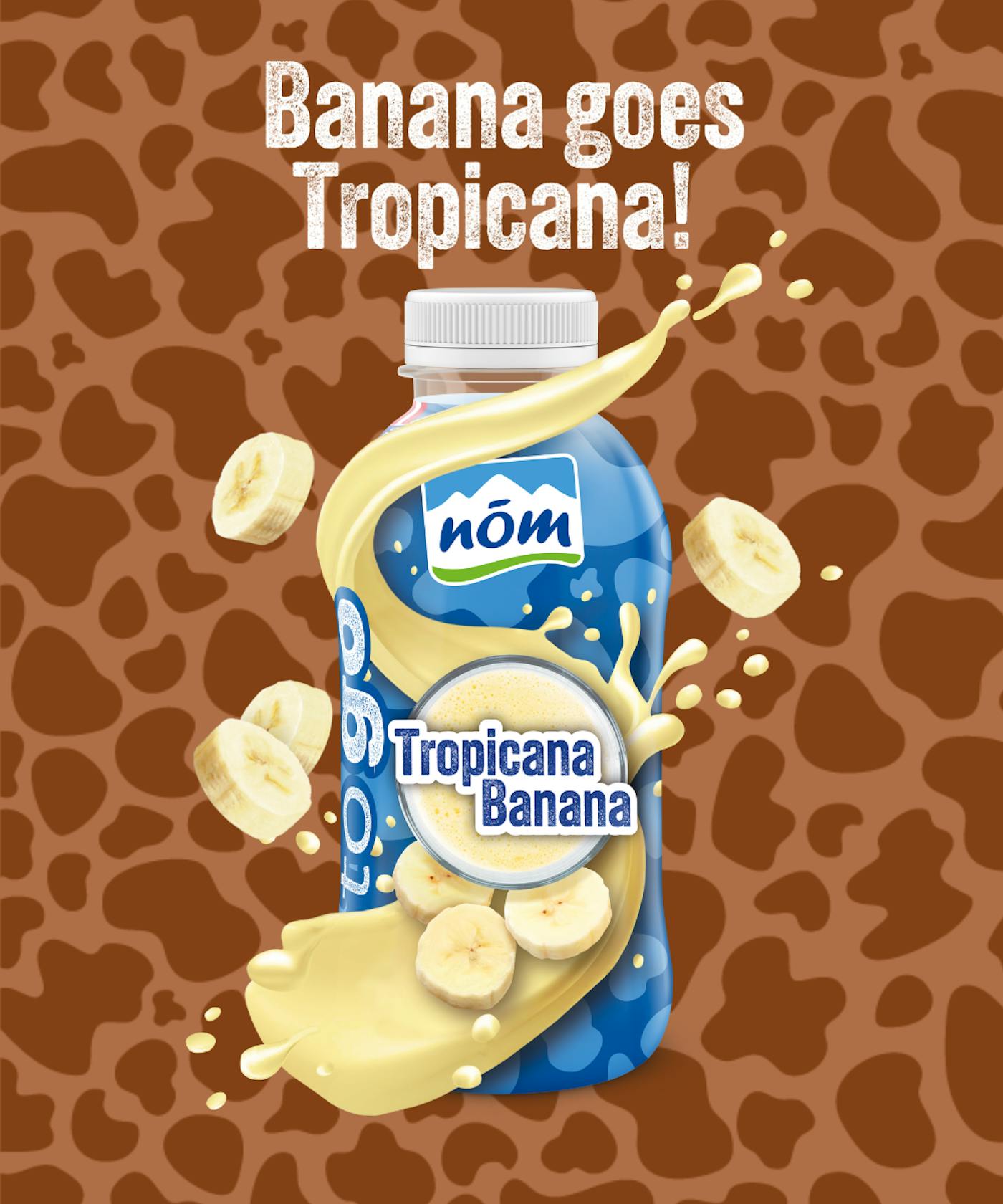 NÖM to go Bananenmilch Tropicana Banana auf braunem Hintergrund NÖM to go Bananenmilch Tropicana Banana auf braunem Hintergrund