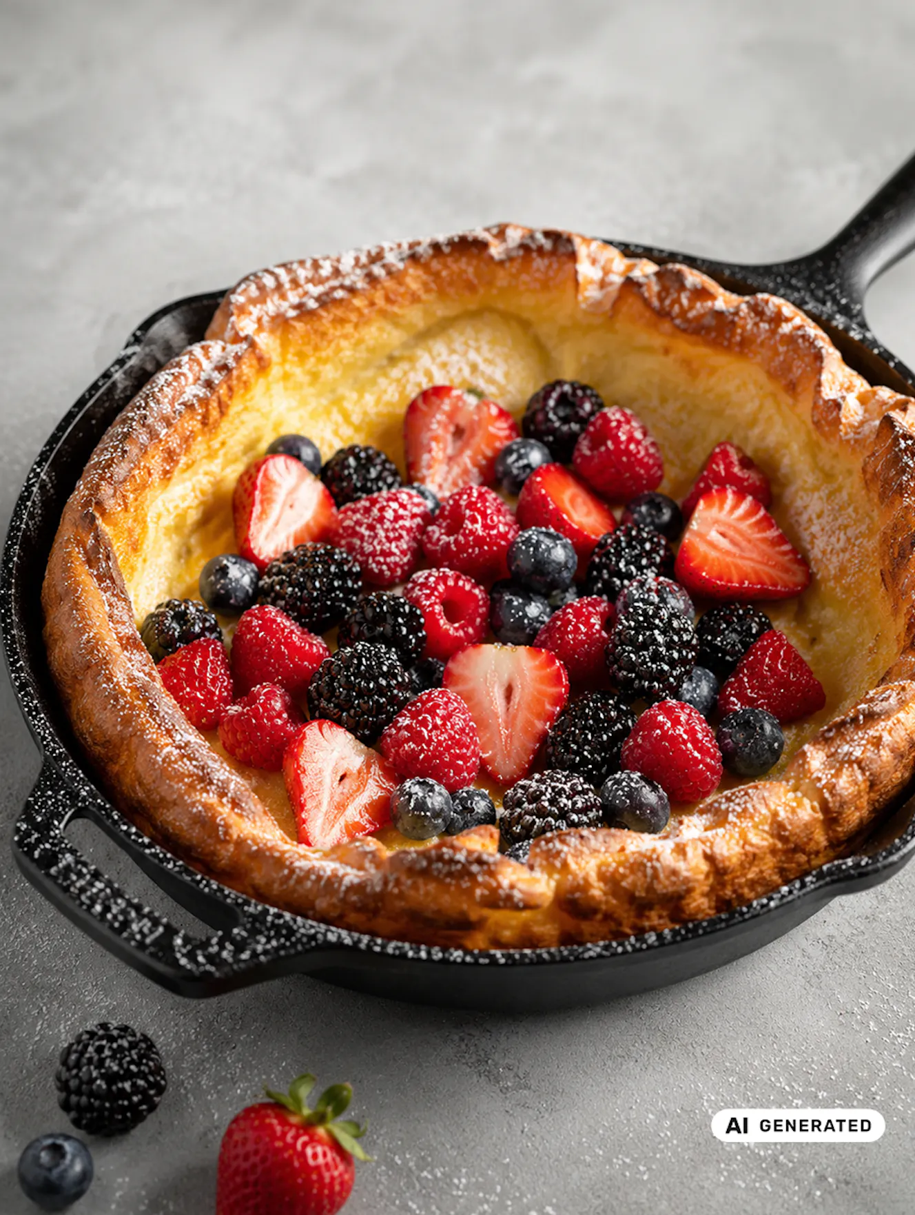 Ein Beeren-Dutch-Baby getoppt mit einer Mischung aus Erdbeeren, Heidelbeeren und Brombeeren in einer schwarzen Pfanne - teilweise KI-generiert