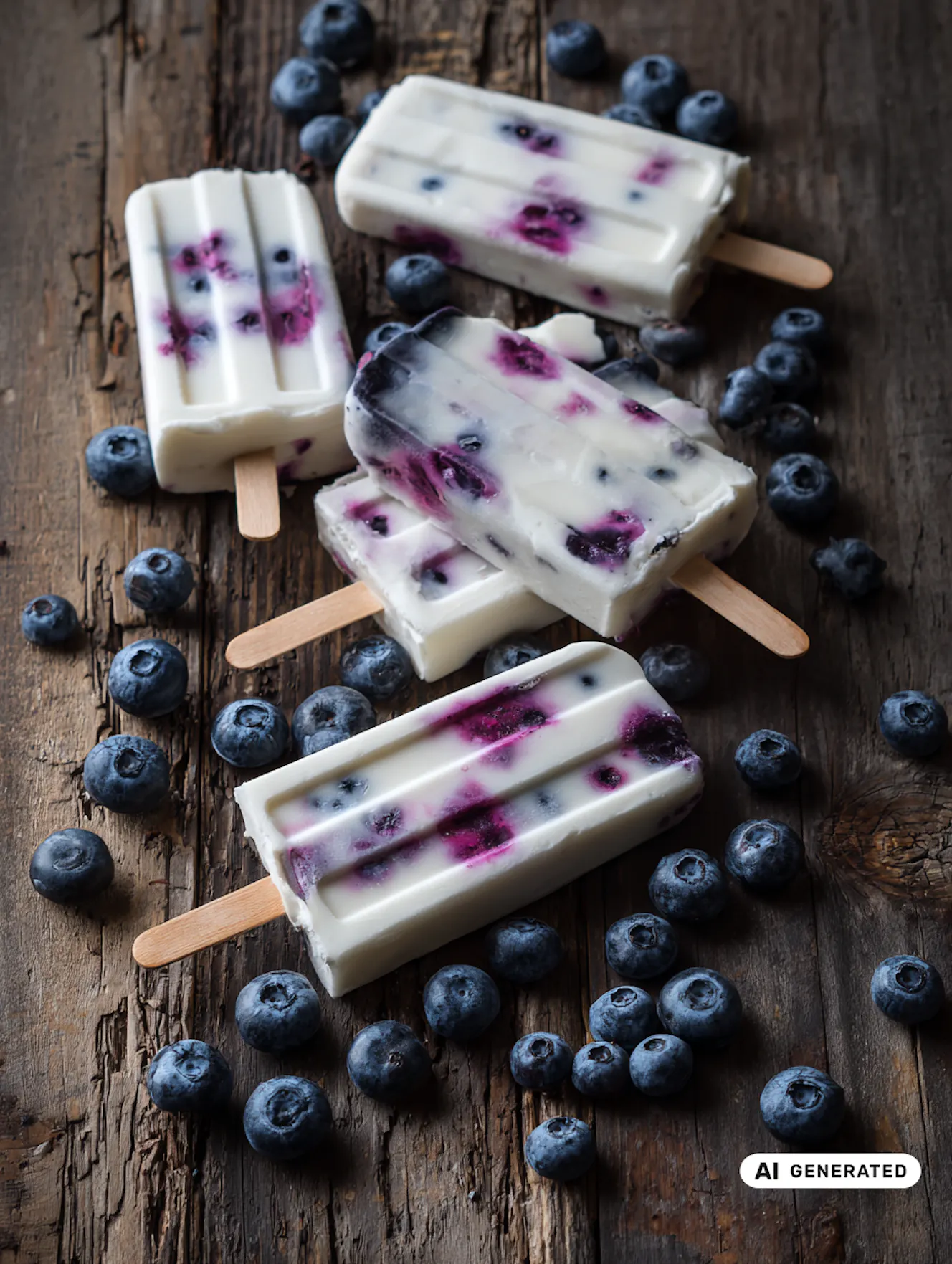 Fünf Heidelbeer-Joghurt-Eis am Stiel auf Holzfläche, umgeben von frischen, verstreuten Heidelbeeren. - teilweise KI-generiert
