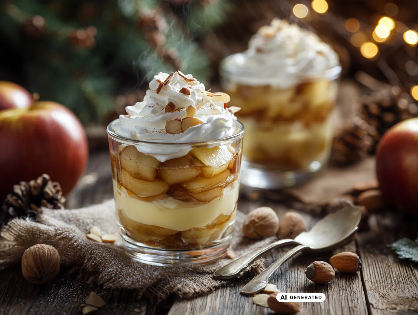Weihnachtliches Bratapfel-Dessert im winterlichen Ambiente mit Äpfeln, Löffeln und Nüssen - teilweise KI-generiert