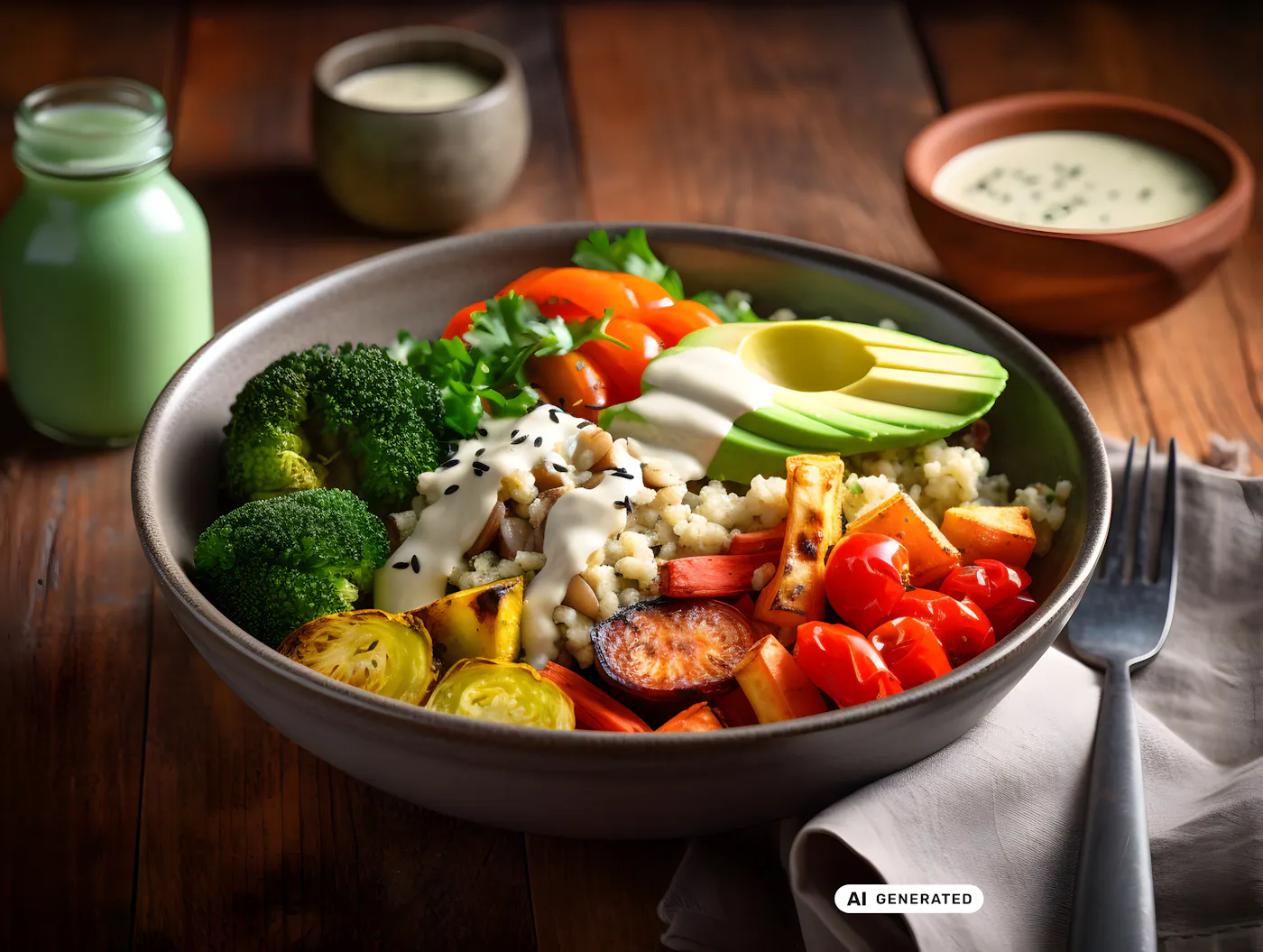 Bunte Buddha-Bowle mit frischem Gemüse Quinoa und Avocado