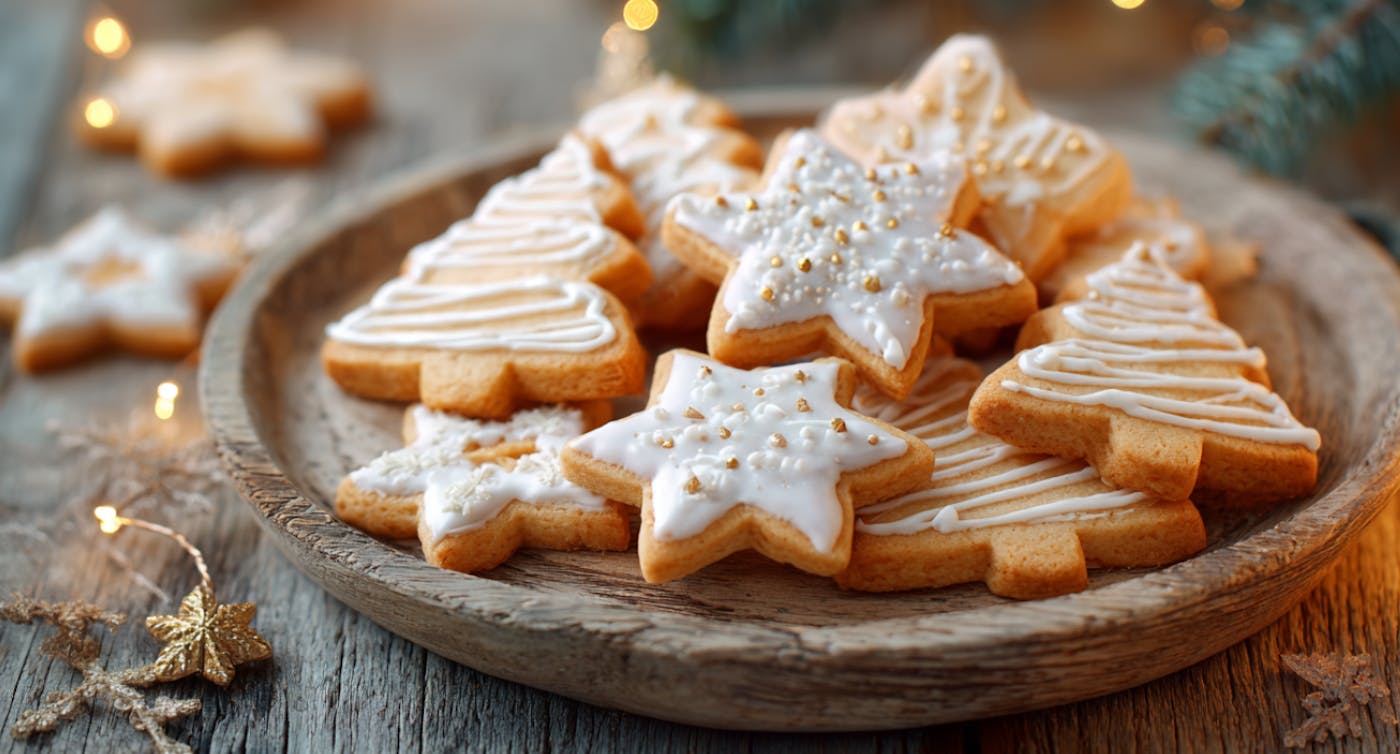Auf einem rustikalen Holztisch liegt ein runder Holz-Teller, gefüllt mit weihnachtlich dekorierten Keksen. Die Kekse sind in Form von Sternen und Tannenbäumen gebacken und mit weißem Zuckerguss verziert. Einige der Sternkekse sind zusätzlich mit kleinen goldenen Zuckerperlen geschmückt. Im Hintergrund sind verschwommene Weihnachtslichter und grüne Tannenzweige zu sehen, die eine warme und festliche Atmosphäre schaffen