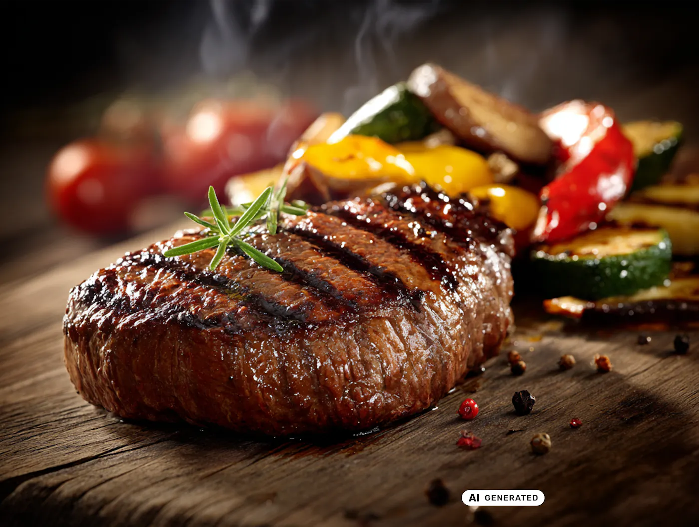 Holzfläche mit Fleischstück und gegrilltem Gemüse wie Zucchini und Tomaten. - teilweise KI-generiert