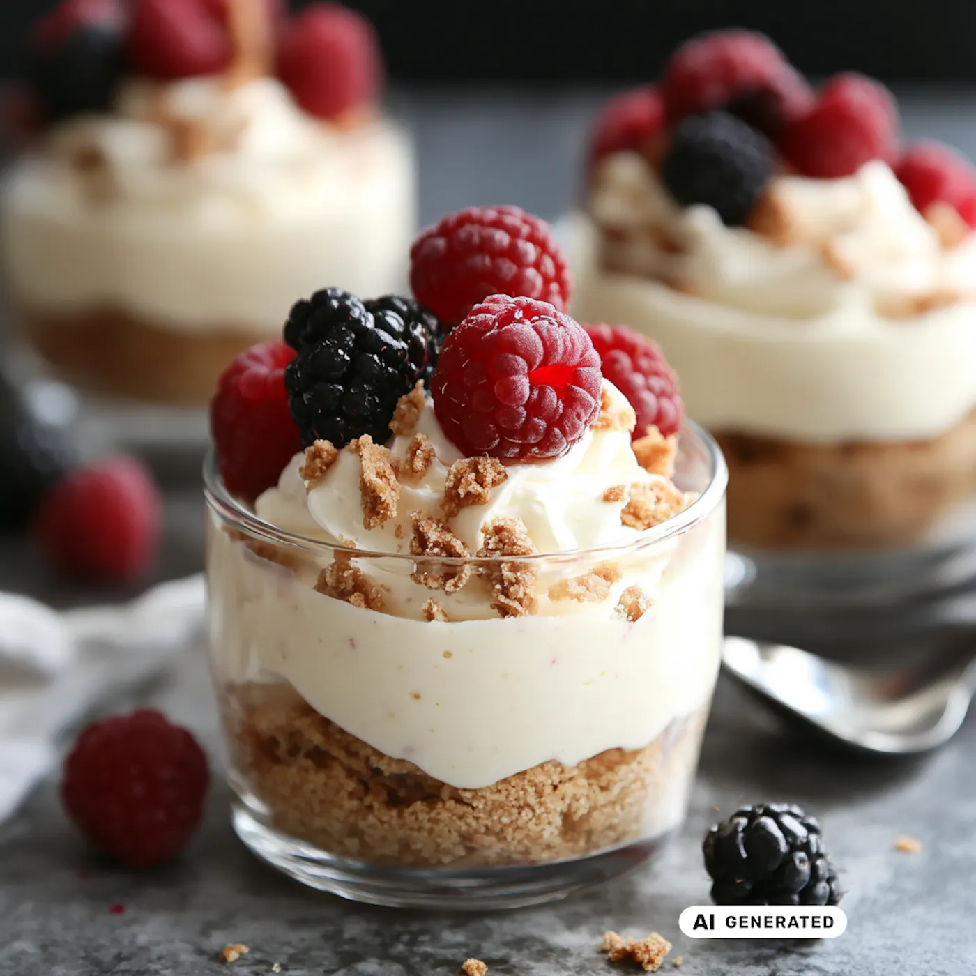 Drei Dessertbecher mit Keksboden, Cremefüllung und frischen Himbeeren und Brombeeren, garniert mit zerbröselten Keksen. - teilweise KI-generiert