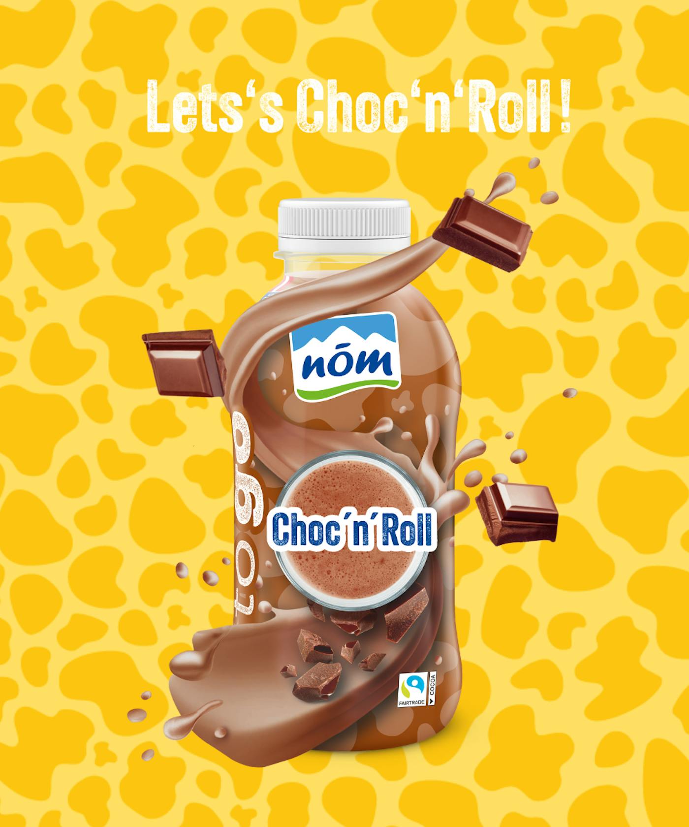 NÖM to go Choc'n'Roll im neuen Look auf gelben Hintergrund mit Kuhflecken NÖM to go Choc'n'Roll im neuen Look auf gelben Hintergrund mit Kuhflecken