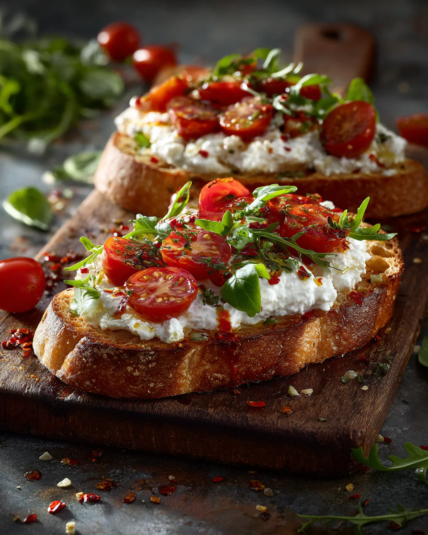 Ein Sauerteigbrot mit Rucola, Cherry Tomaten und Cottage Cheese