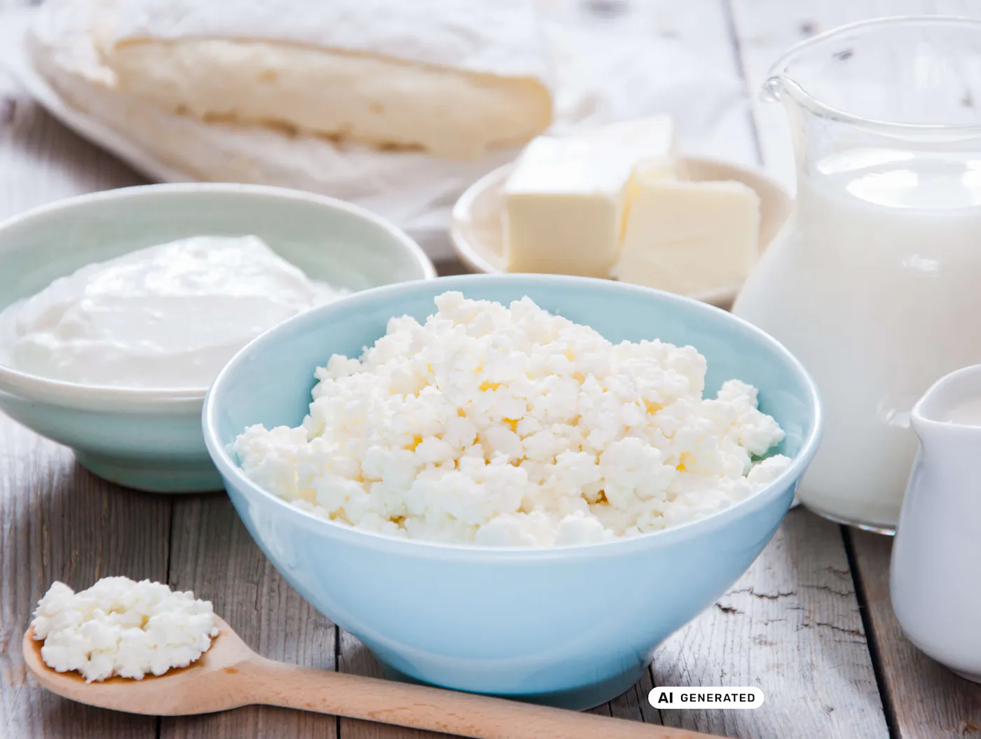 Cottage Cheese, Milch, Käse und andere Milchprodukte stehen in Schüsseln auf einem Holztisch Cottage Cheese, Milch, Käse und andere Milchprodukte stehen in Schüsseln auf einem Holztisch - teilweise KI-generiert