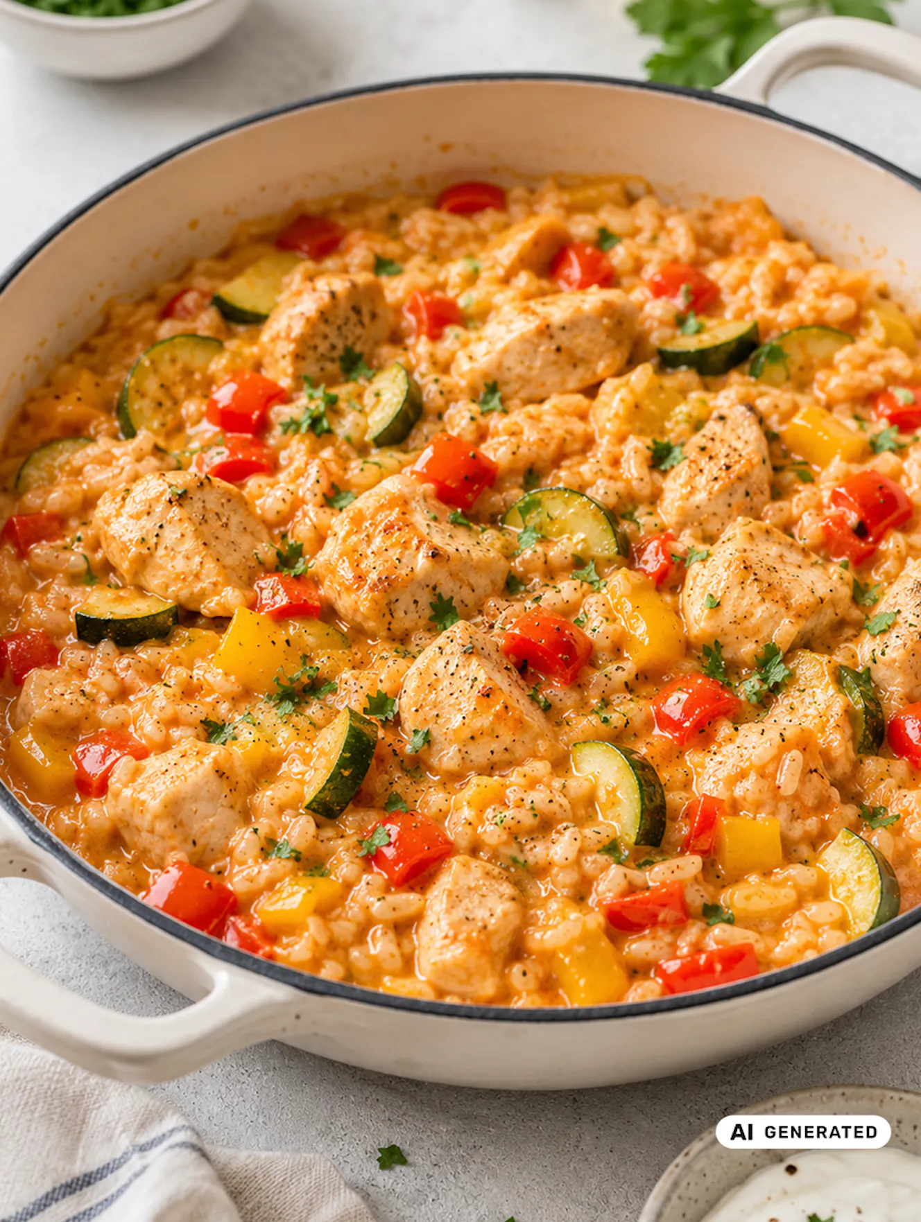 Cremiger Paprika-Hendl-Reis in einer hellen, tiefen Pfanne, mit sichtbaren roten und gelben Paprikastücken, grüner Zucchini, goldbraunem Hendl und frischer Petersilie. Hochformat im gleichen hellen, natürlichen Food-Fotografie-Stil wie die bisherigen Rezeptbilder - teilweise KI-generiert