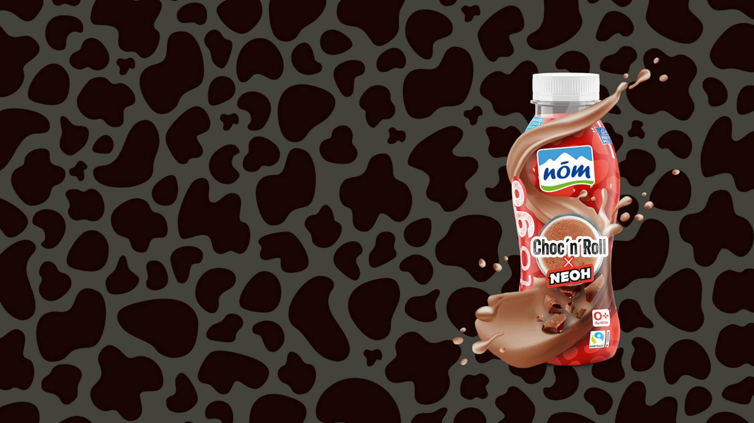 Headerbild des neuen NÖM to go Choc'n'Roll x NEOH Milchmischers auf der schwarzen und grauen Kuhflecken Headerbild des neuen NÖM to go Choc'n'Roll x NEOH Milchmischers auf der schwarzen und grauen Kuhflecken