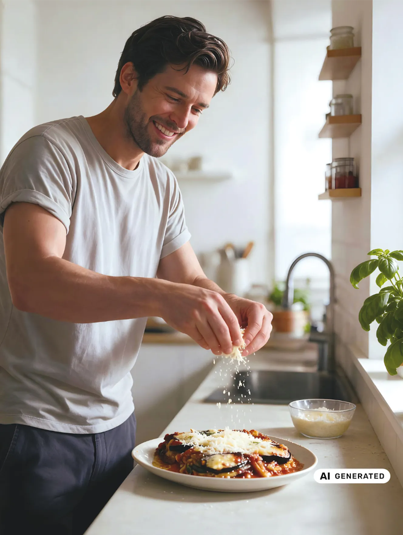 Streukäse Kochen mit NÖM PRO Käse gerieben Mann in einer hellen Küche streut mit den Händen geriebenen Käse über ein frisch zubereitetes Gericht mit Gemüse und Tomatensauce auf einem Teller. - teilweise KI-generiert