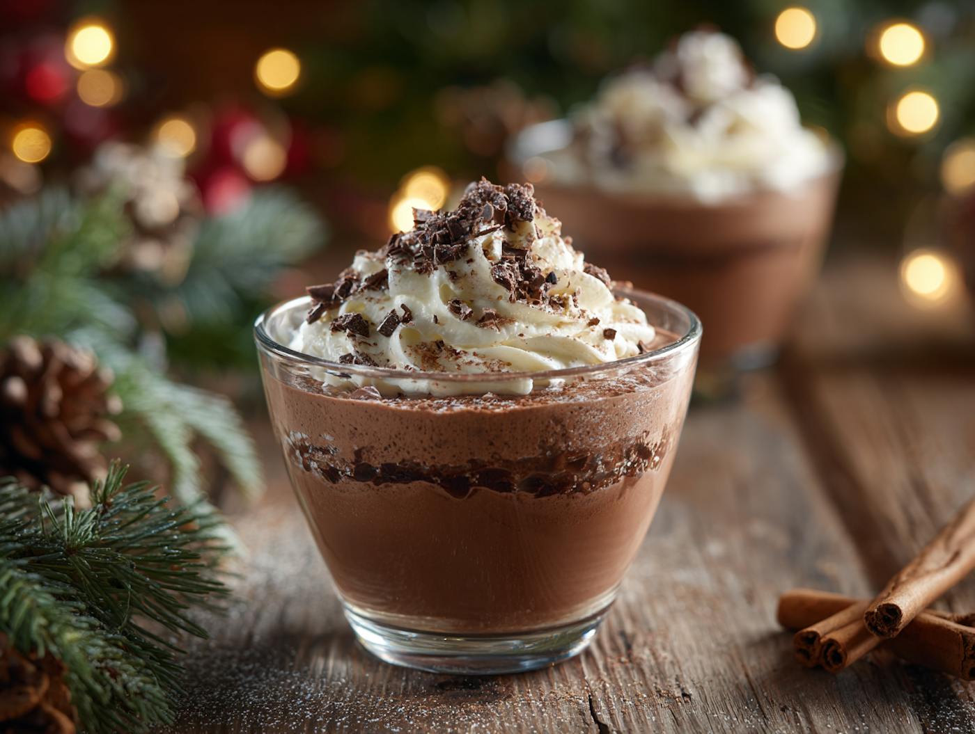 In einem festlich dekorierten Weihnachtsambiente steht ein Glas mit cremigem Eierlikör-Schoko-Mousse auf einem Tisch. Die Mousse ist in Schichten angerichtet und mit einer feinen Garnitur versehen – möglicherweise Sahne, Schokospäne oder ein weihnachtliches Dekoelement. Im Hintergrund sorgen verschwommene Lichter und Tannenzweige für eine warme, gemütliche Stimmung.