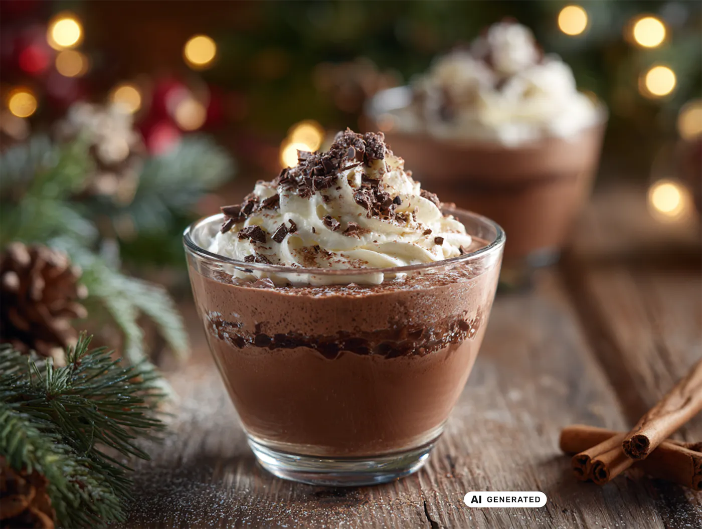 In einem festlich dekorierten Weihnachtsambiente steht ein Glas mit cremigem Eierlikör-Schoko-Mousse auf einem Tisch. Die Mousse ist in Schichten angerichtet und mit einer feinen Garnitur versehen – möglicherweise Sahne, Schokospäne oder ein weihnachtliches Dekoelement. Im Hintergrund sorgen verschwommene Lichter und Tannenzweige für eine warme, gemütliche Stimmung. - teilweise KI-generiert