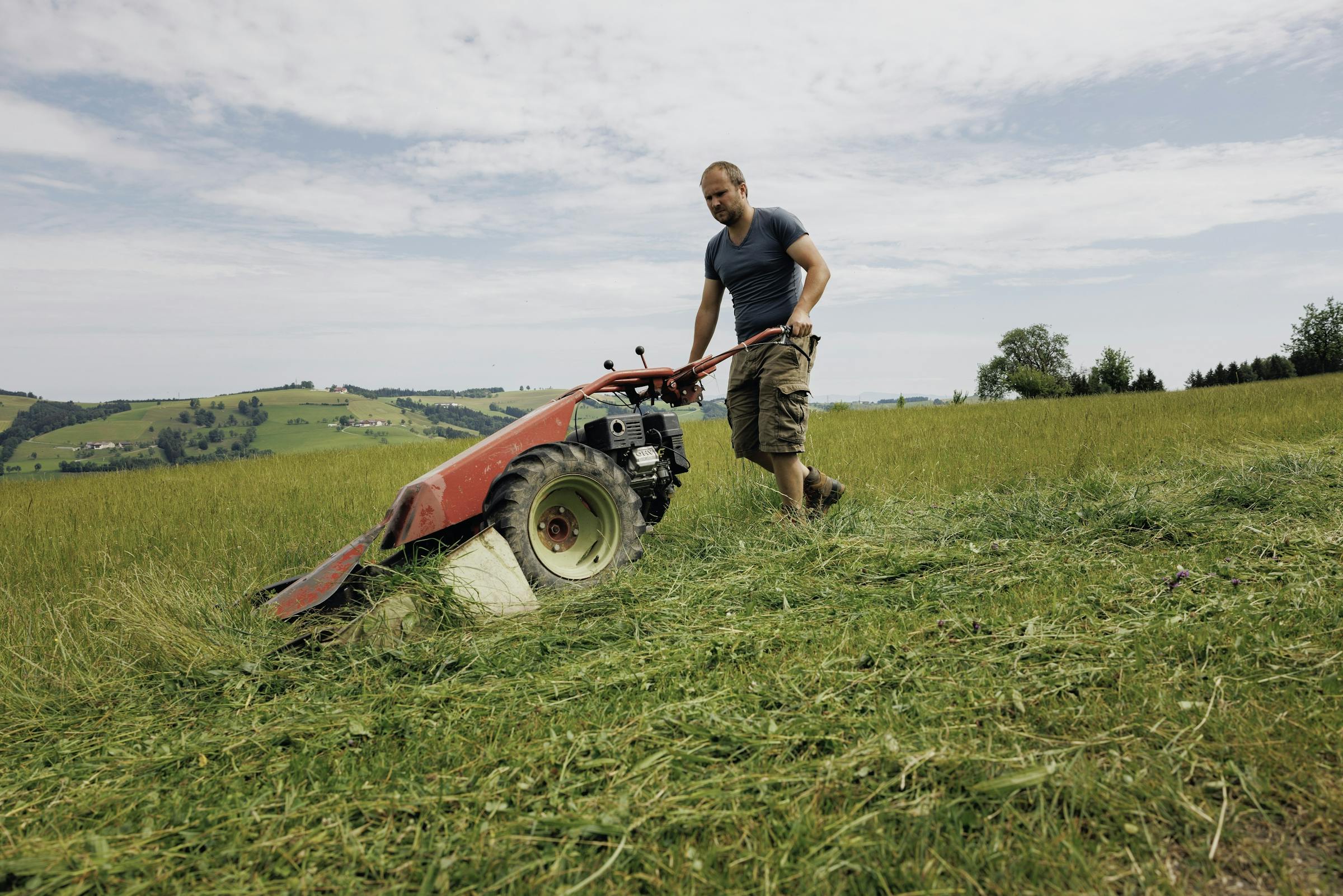 Ein Jungbauer mäht eine Weide mit einer Heuschneidemaschine