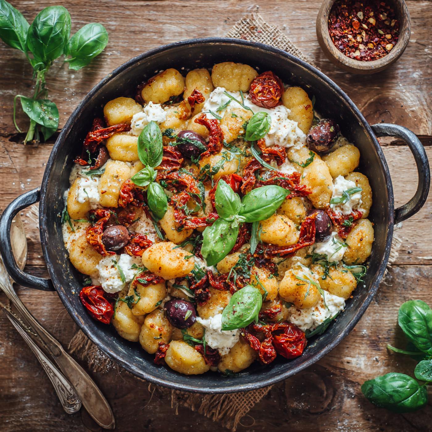 Eine Pfanne mit Gnocchi, getrockneten Tomaten, frischen Kräutern und Cottage Cheese Eine Pfanne mit Gnocchi, getrockneten Tomaten, frischen Kräutern und Cottage Cheese