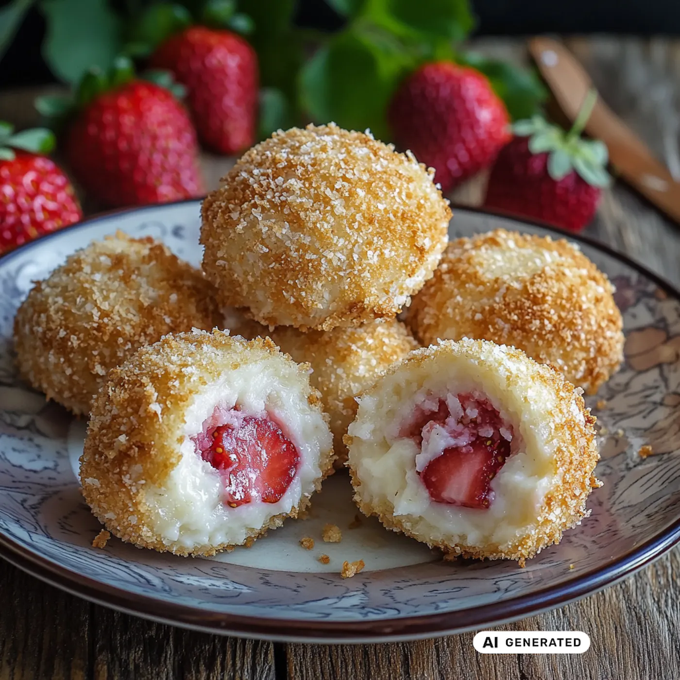 Topfenknödel mit Erdbeerfüllung, frische Erdbeeren im Hintergrund. - teilweise KI-generiert