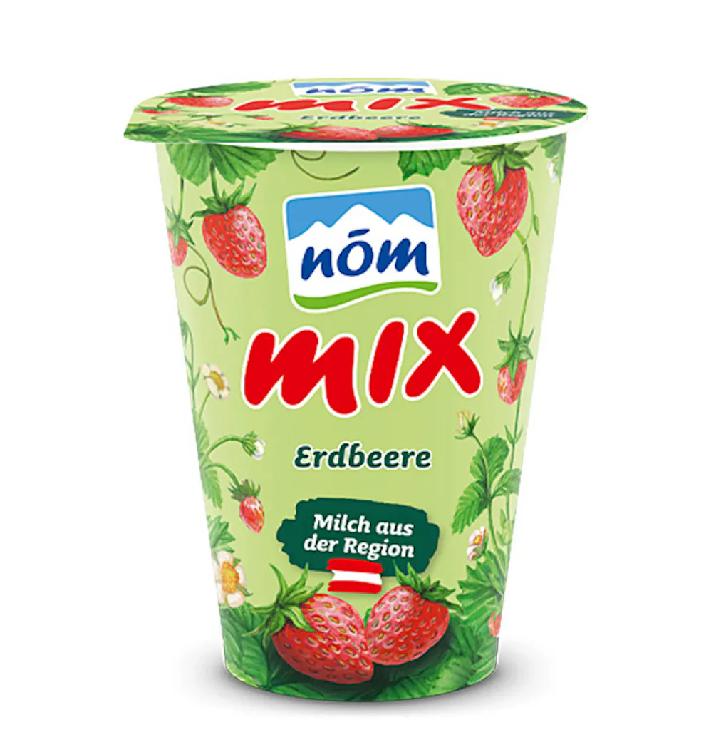 NÖM mix Erdbeere im 180 g Kartonmantelbecher mit gezeichneten Früchten NÖM mix Erdbeere im 180 g Kartonmantelbecher mit gezeichneten Früchten