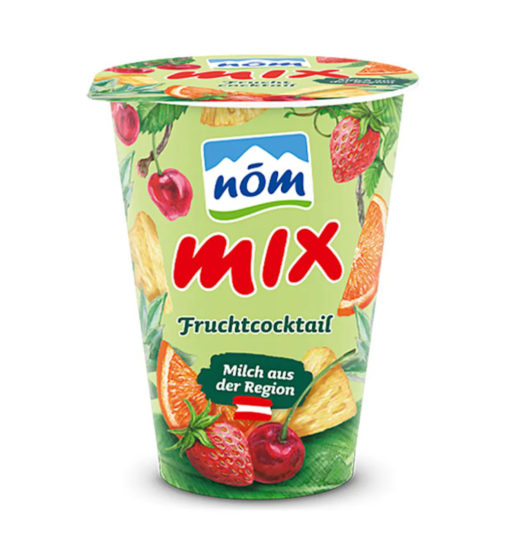 NÖM mix Fruchtcocktail im 180 g Kartonmantelbecher mit gezeichneten Früchten NÖM mix Fruchtcocktail im 180 g Kartonmantelbecher mit gezeichneten Früchten