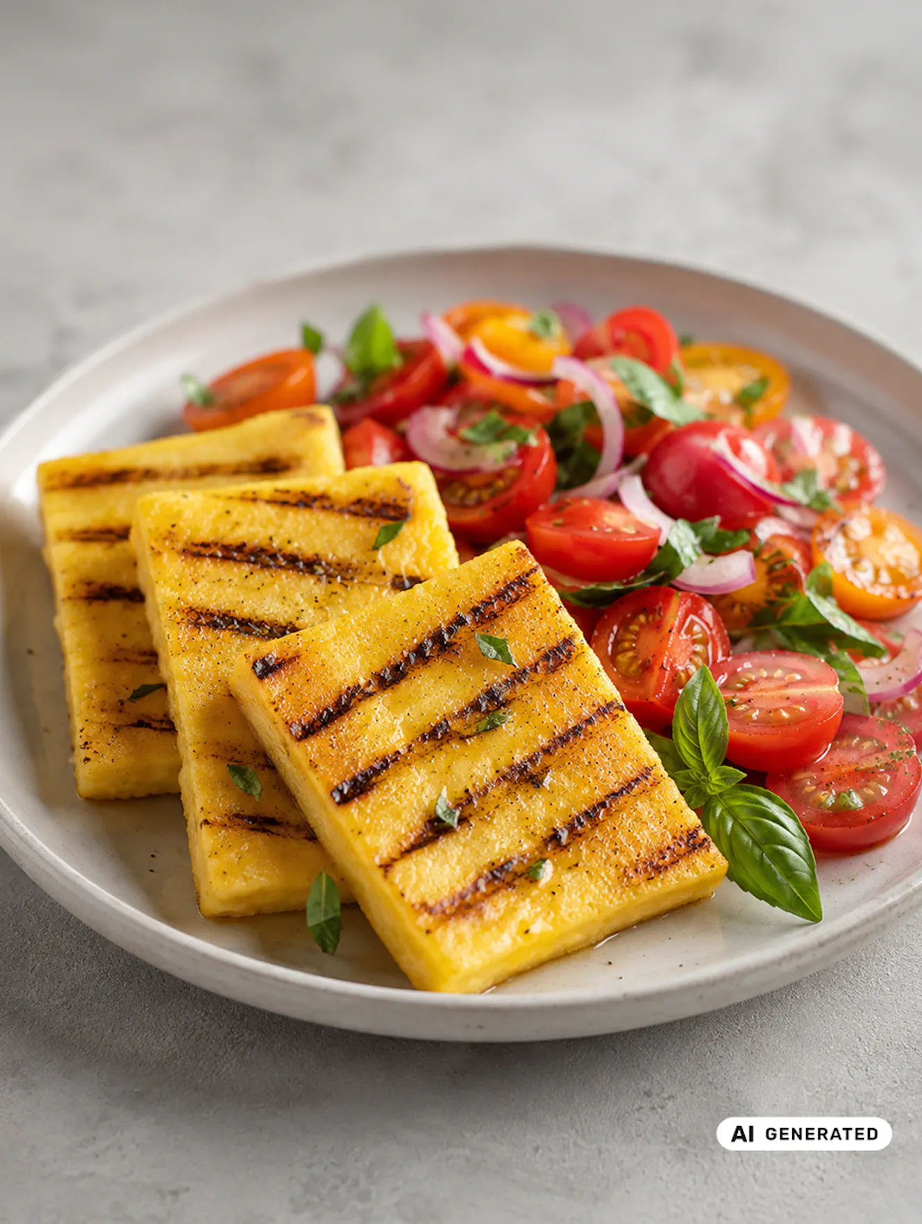 Goldbraun gegrillte Polenta-Schnitten mit buntem Paradeisersalat, Basilikum und roten Zwiebeln. - teilweise KI-generiert