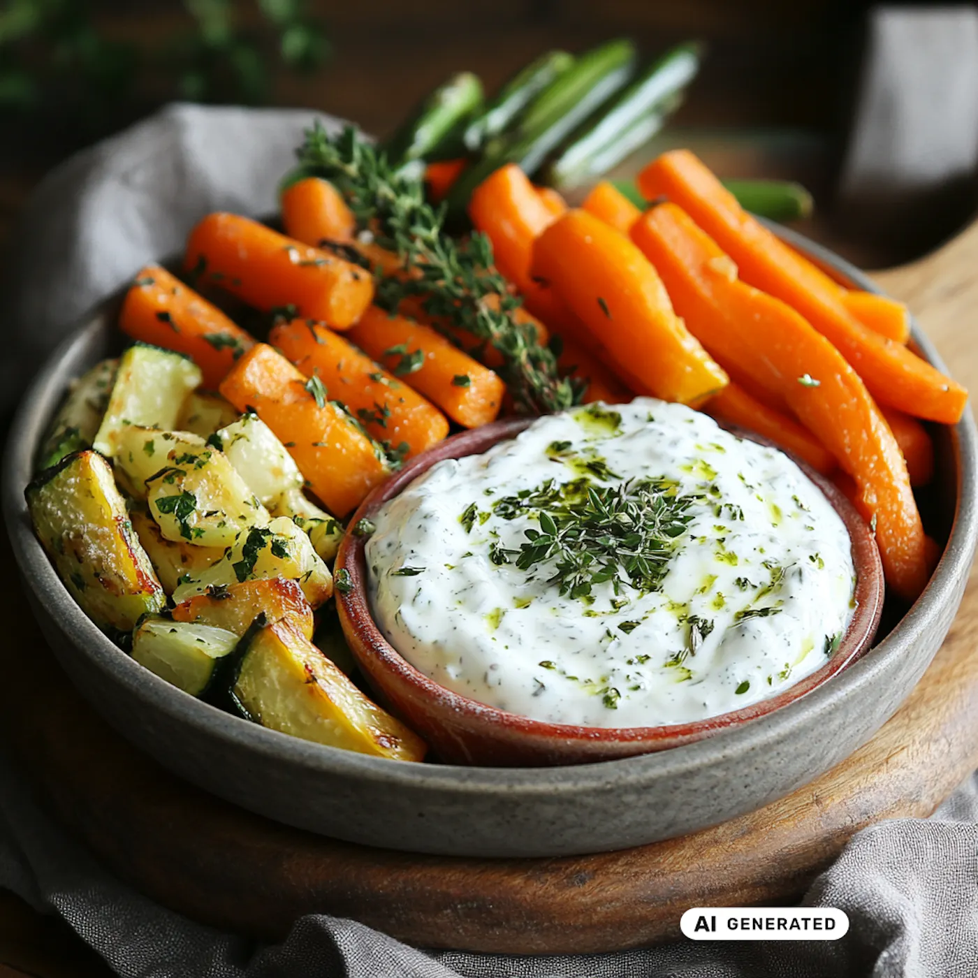 Schüssel mit Ofengemüse wie Karotten und Zucchini, serviert mit cremigem Dip und Kräutergarnitur. - teilweise KI-generiert
