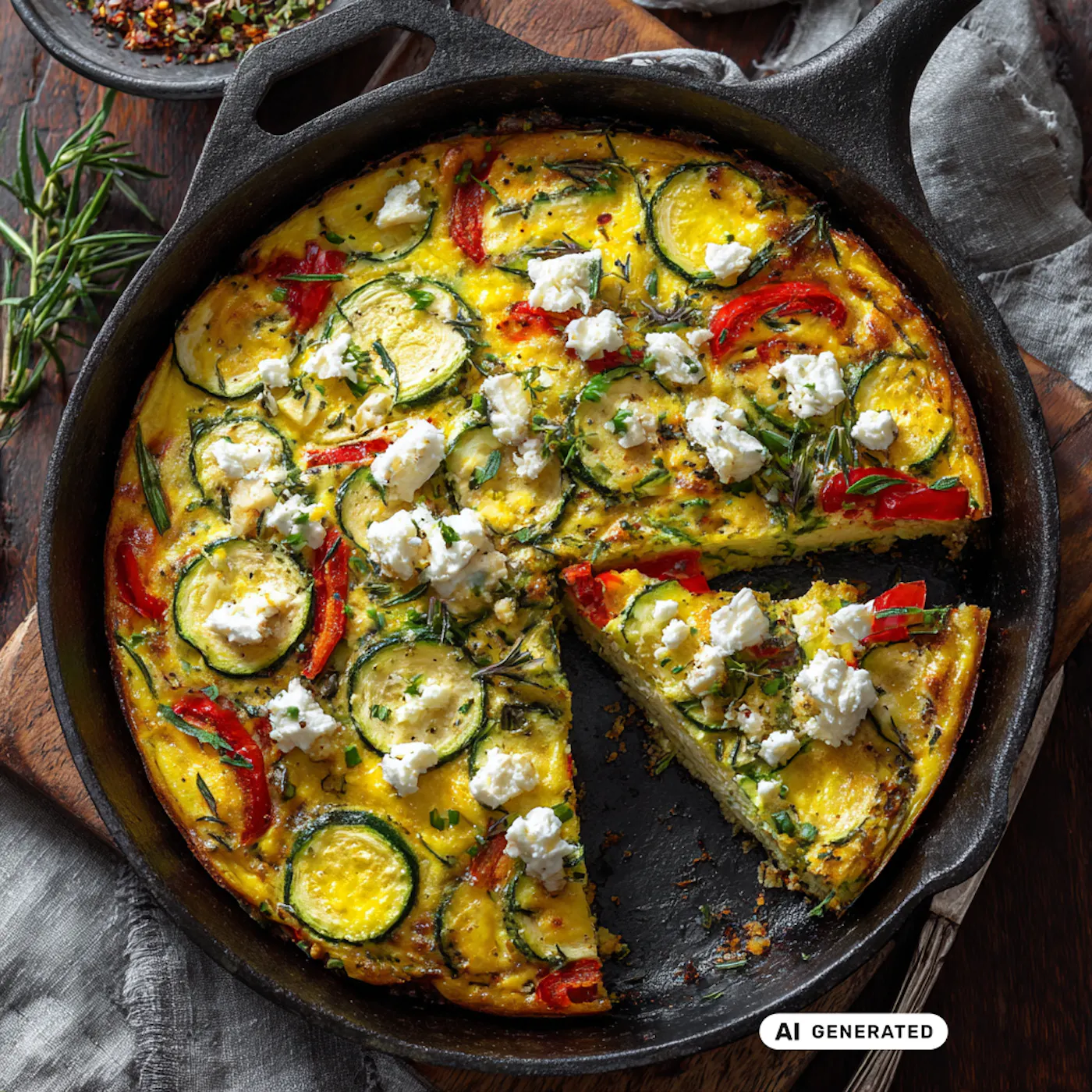 Eine gebackene Gemüsefrittata mit Zucchini in einer Kuchenform umgeben von Kräutern - teilweise KI-generiert