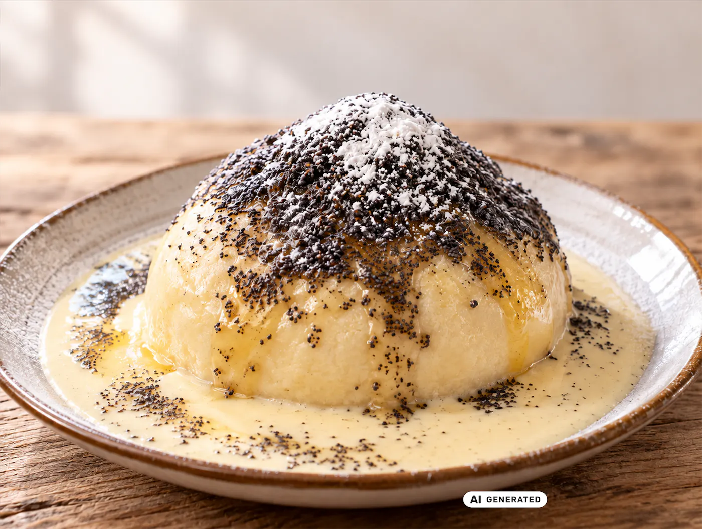 Germknödel mit Mohn, Zucker und Butter Ein fluffiger Germknödel, serviert in einem tiefen Teller, in cremiger Vanillesauce. Die Oberfläche des Knödels ist großzügig mit fein gemahlenem Mohn und einem Hauch Kristallzucker bestreut – ein klassisches österreichisches Dessert. - teilweise KI-generiert