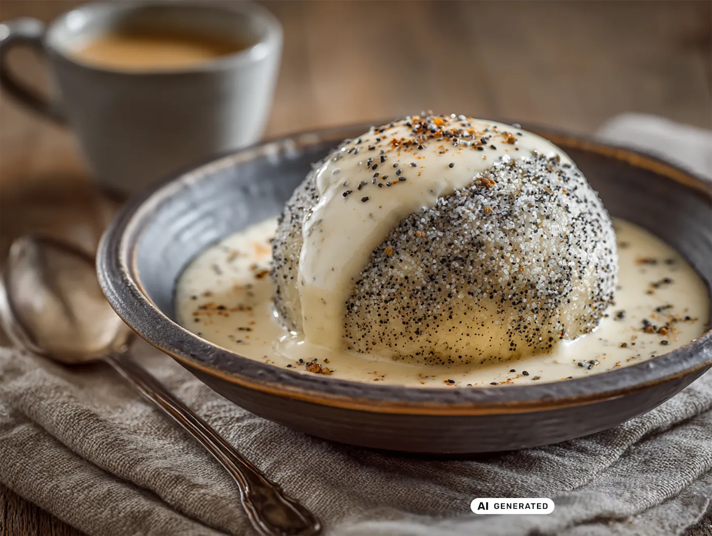 Ein fluffiger Germknödel, serviert in einem tiefen Teller, in cremiger Vanillesauce. Die Oberfläche des Knödels ist großzügig mit fein gemahlenem Mohn und einem Hauch Kristallzucker bestreut – ein klassisches österreichisches Dessert. - teilweise KI-generiert
