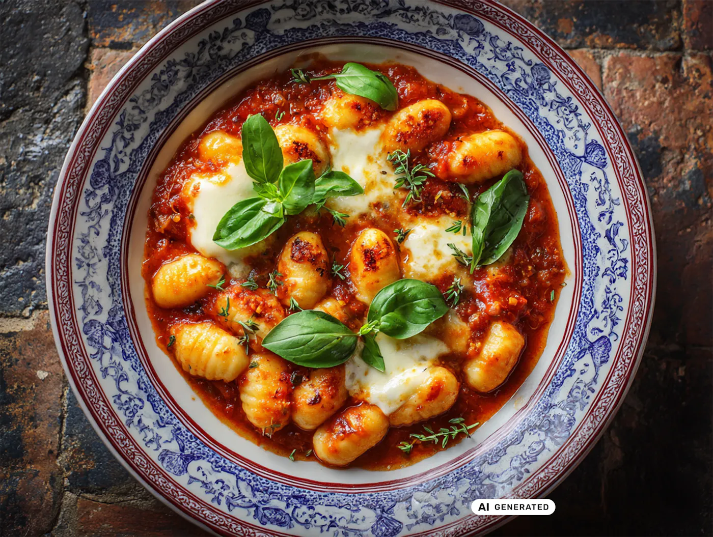 Gnocchi in einer roten Tomatensauce, überbacken mit Mozzarella und serviert mit frischem Basilikum.