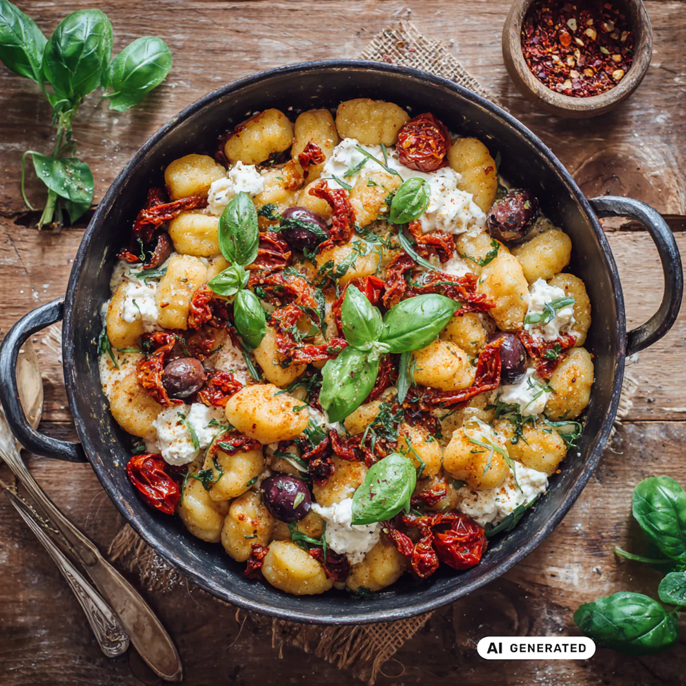 Eine Pfanne mit Gnocchi, getrockneten Tomaten, frischen Kräutern und Cottage Cheese - teilweise KI-generiert
