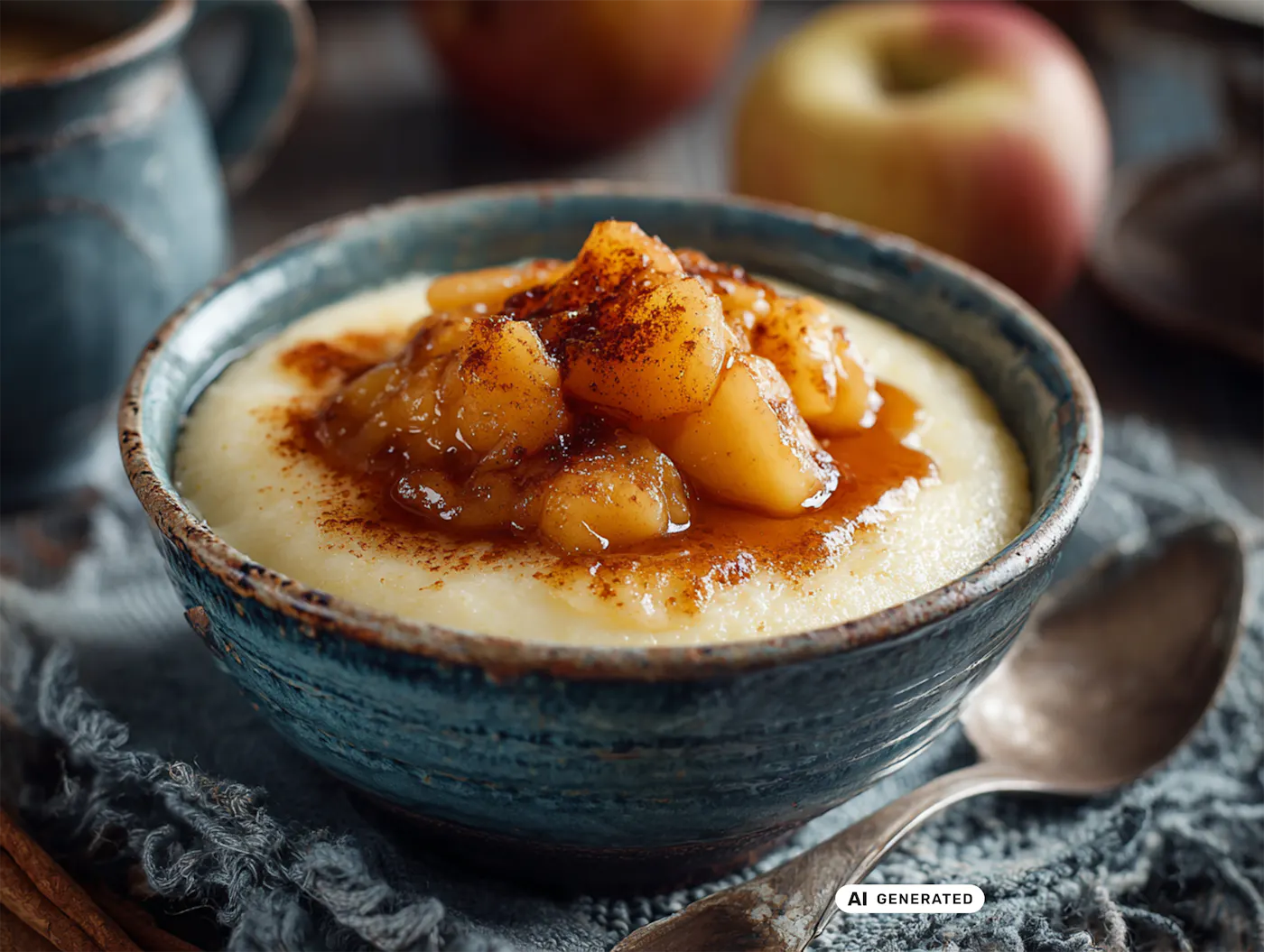 Ein rustikaler Keramikschüssel mit cremigem Porridge oder Grießbrei, liebevoll garniert mit karamellisierten Apfelstücken und einer Prise Zimt. Die warme, goldene Farbpalette des Toppings harmoniert perfekt mit dem natürlichen Look der Schale und dem strukturierten Leinentuch darunter. Im Hintergrund sorgen frische Äpfel und ein weiterer Keramikbecher für eine gemütliche, herbstliche Atmosphäre. - teilweise KI-generiert