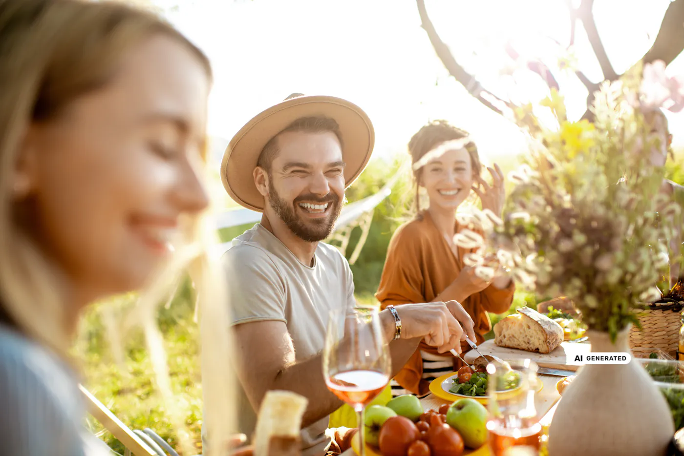 Gruppe sitzt am gedeckten Tisch im Freien mit Brot, Obst, Wein und Blumenvase, gemeinsames Essen bei angenehmer Atmosphäre. Gruppe sitzt am gedeckten Tisch im Freien mit Brot, Obst, Wein und Blumenvase, gemeinsames Essen bei angenehmer Atmosphäre. - teilweise KI-generiert