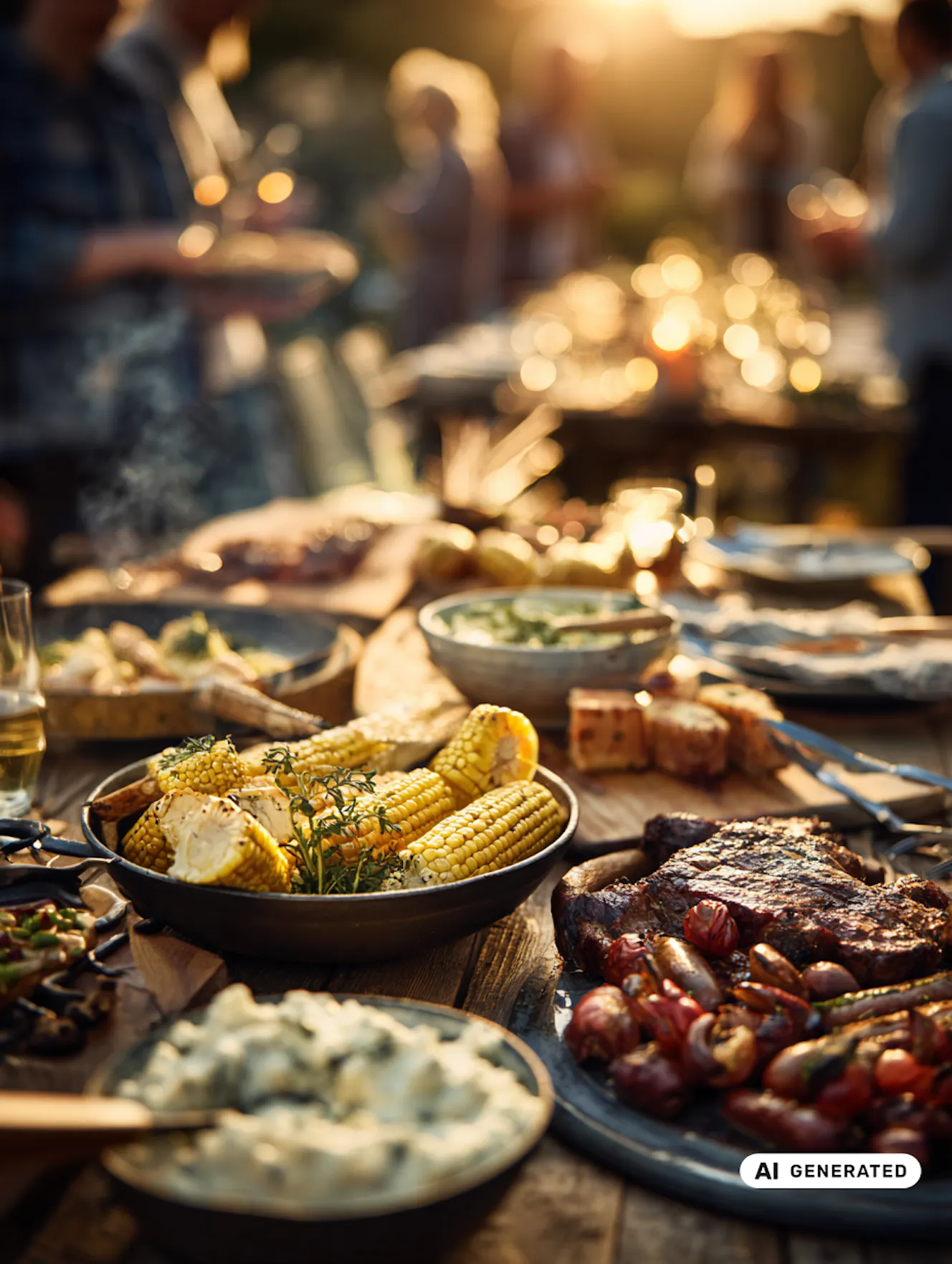 Tisch mit gegrilltem Mais, Kartoffelsalat, Fleisch und Gemüse bei Sonnenuntergang, Menschen im Hintergrund beim Essen. Tisch mit gegrilltem Mais, Kartoffelsalat, Fleisch und Gemüse bei Sonnenuntergang, Menschen im Hintergrund beim Essen.