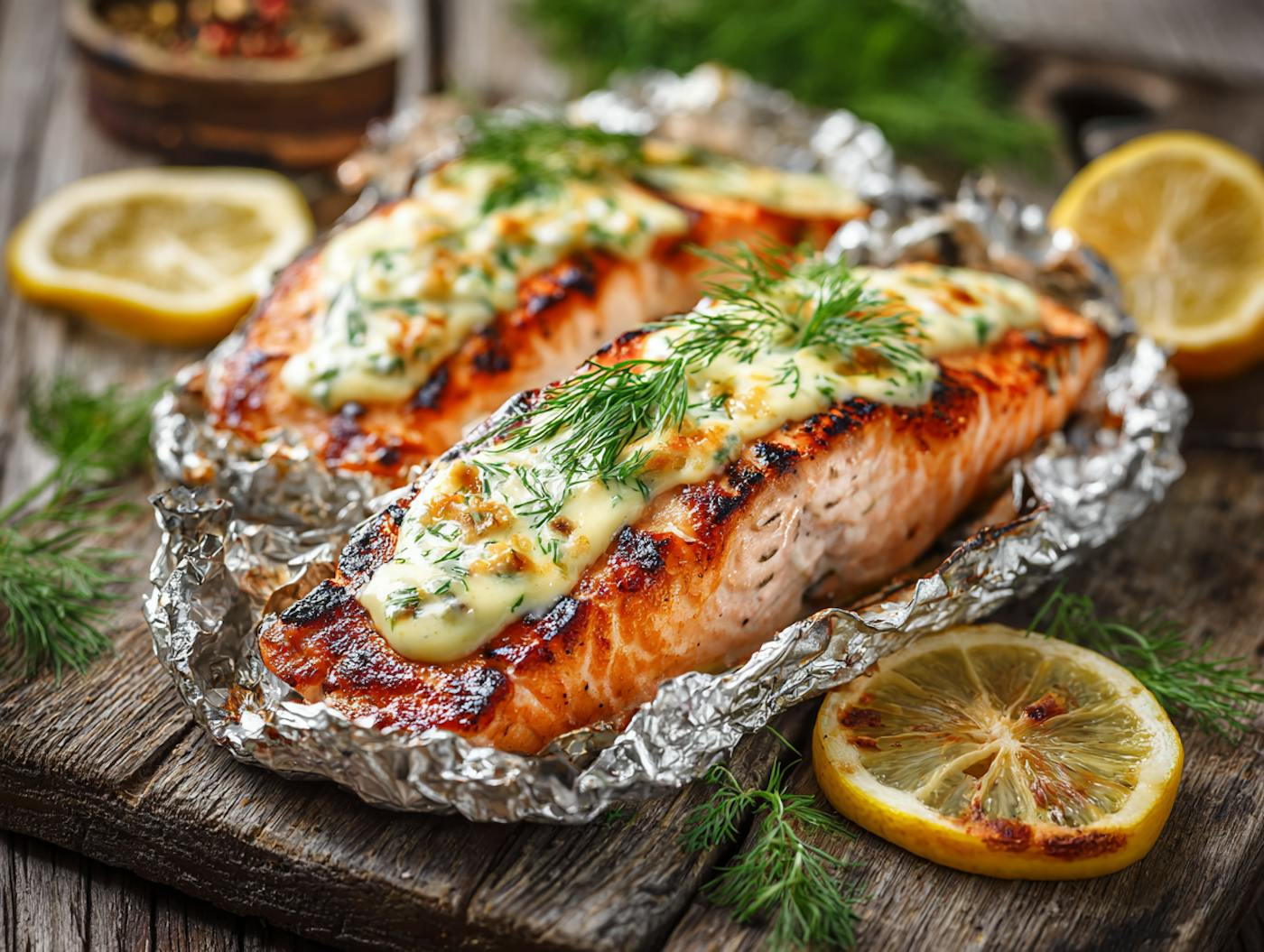 Gegrillter Lachs mit Zitronen-Obers-Sauce, garniert mit frischem Dill und Zitronenscheiben auf Alufolie. Gegrillter Lachs mit Zitronen-Obers-Sauce, garniert mit frischem Dill und Zitronenscheiben auf Alufolie.
