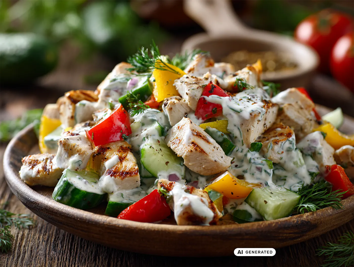Salat mit frischem Gemüse und Hähnchen getoppt mit einem Dressing aus Skyr und frischen Kräutern - teilweise KI-generiert