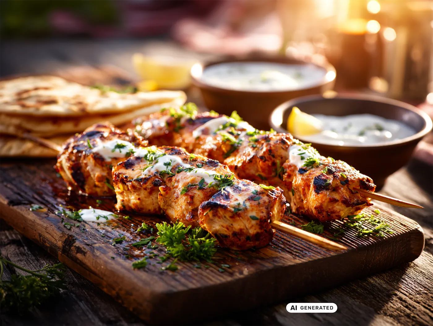 Gegrillte Hühnerspieße mit frischen Kräutern auf Holzbrett, im Hintergrund Schalen mit Dips und Fladenbrot Gegrillte Hühnerspieße mit frischen Kräutern auf Holzbrett, im Hintergrund Schalen mit Dips und Fladenbrot