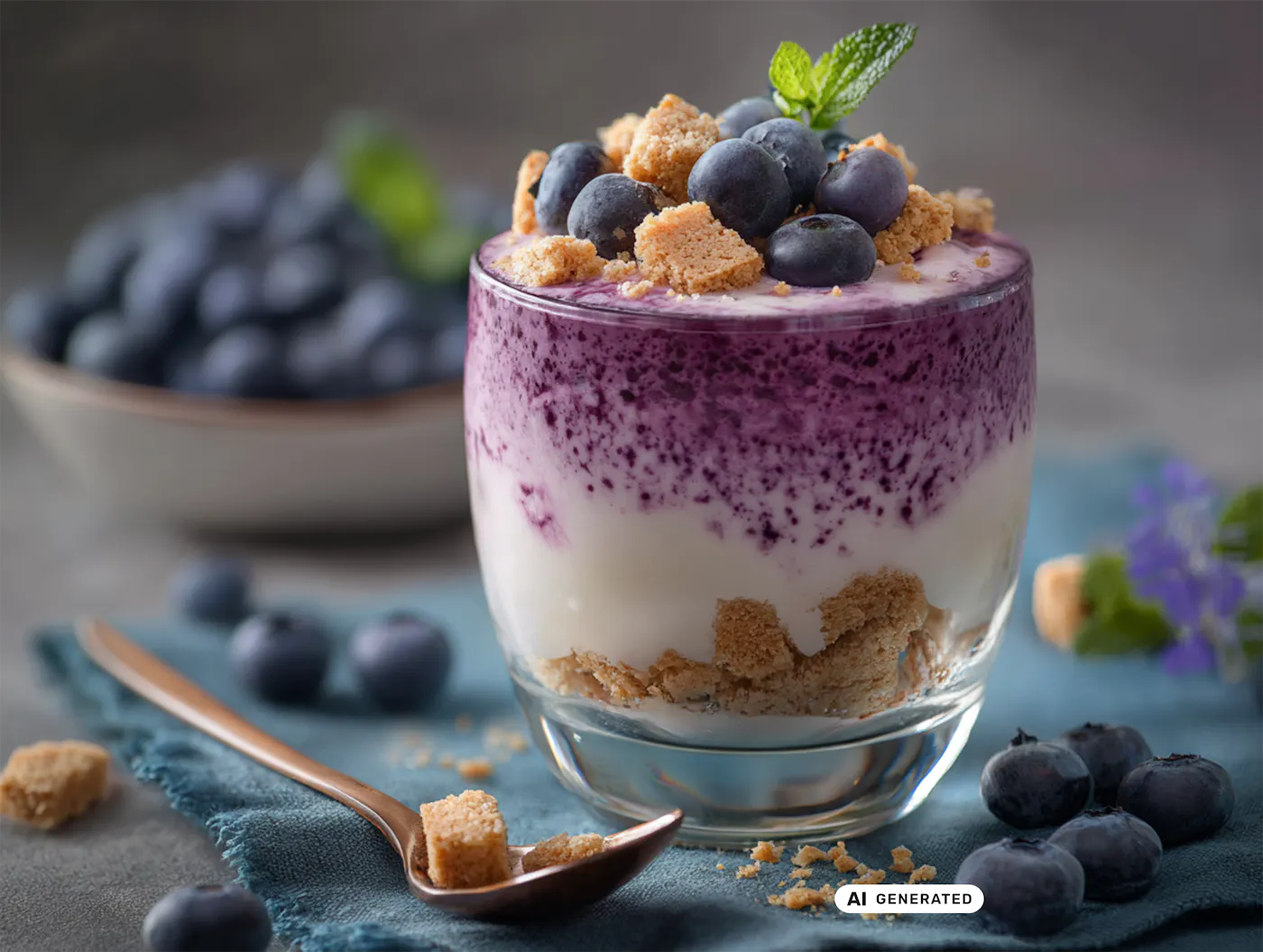 Ein Schichtdessert im Glas bestehend aus Keksen, frischen Heidelbeeren, einer Topfencreme und Heidelbeer-Joghurt. Im Hintergrund sind man frische Heidelbeeren