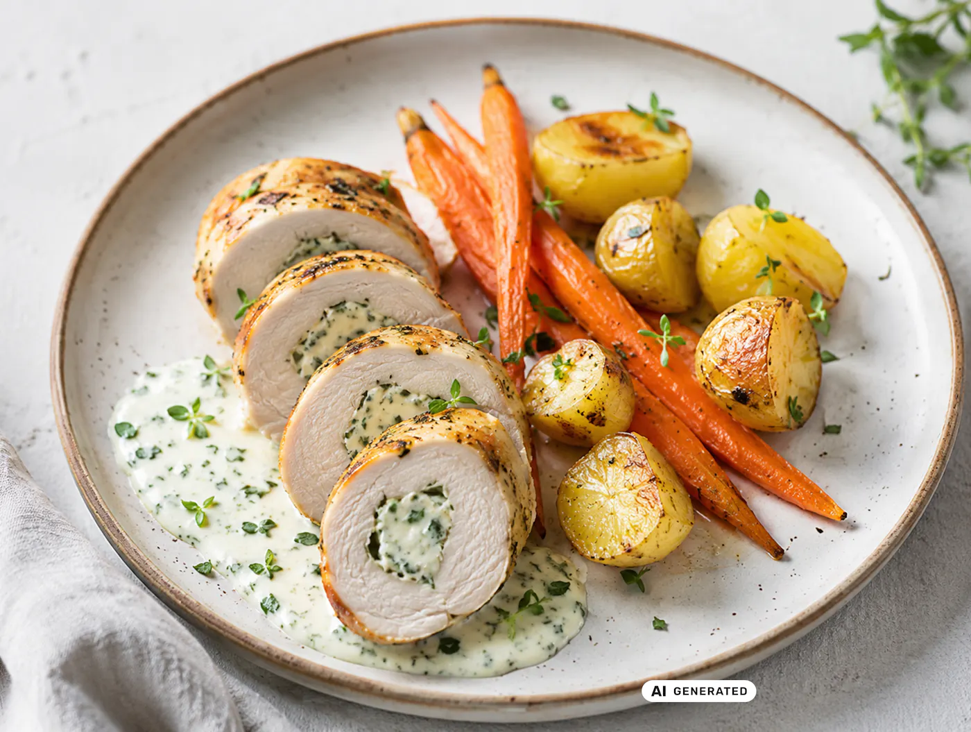 Hendlroulade mit Topfenfüllung und Karotten und Erdäpfeln als Beilage - teilweise KI-generiert