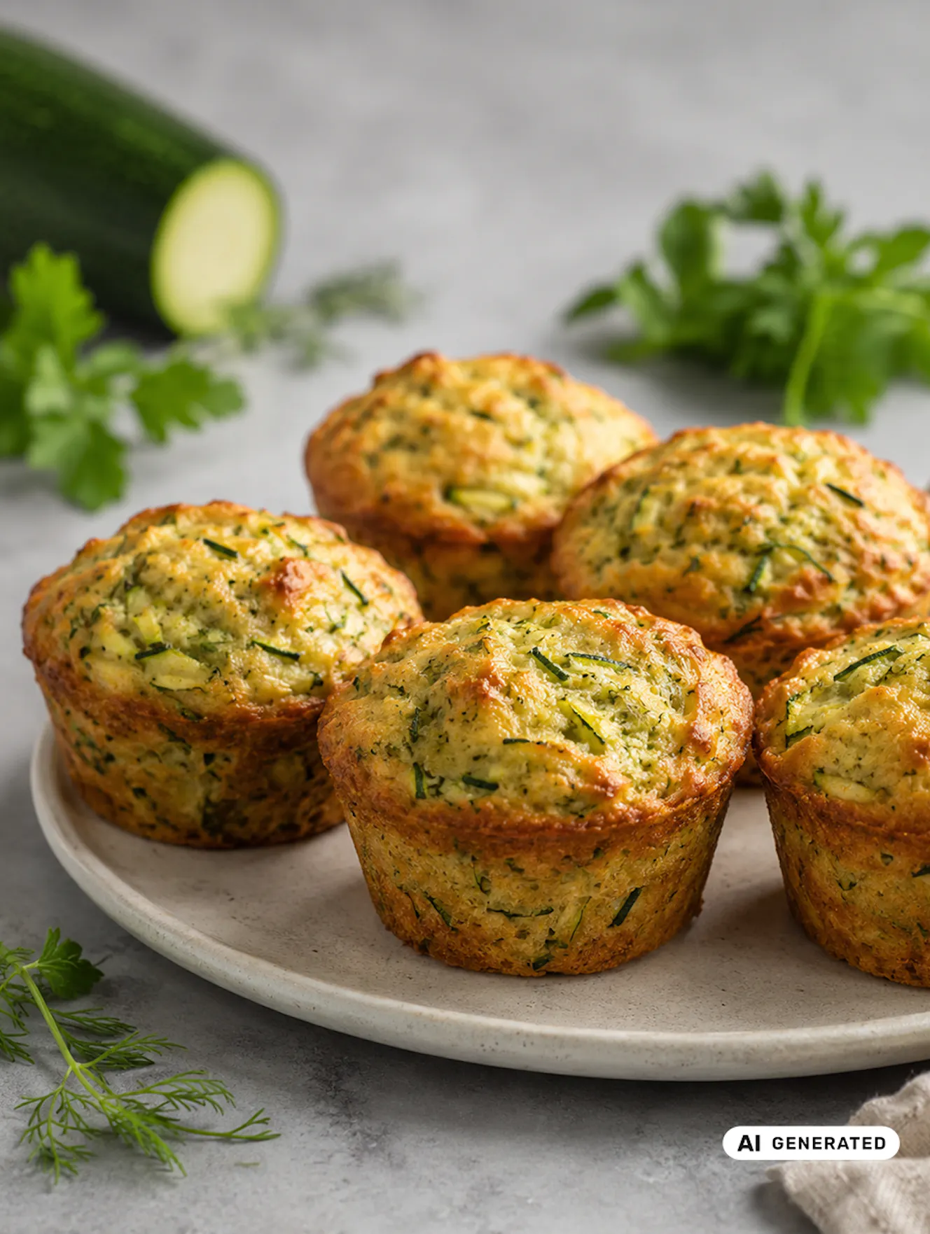 Herzhafte Zucchini-Kräuter-Muffins mit Joghurt, Jungzwiebeln, frischen Kräutern und knuspriger Oberfläche. - teilweise KI-generiert