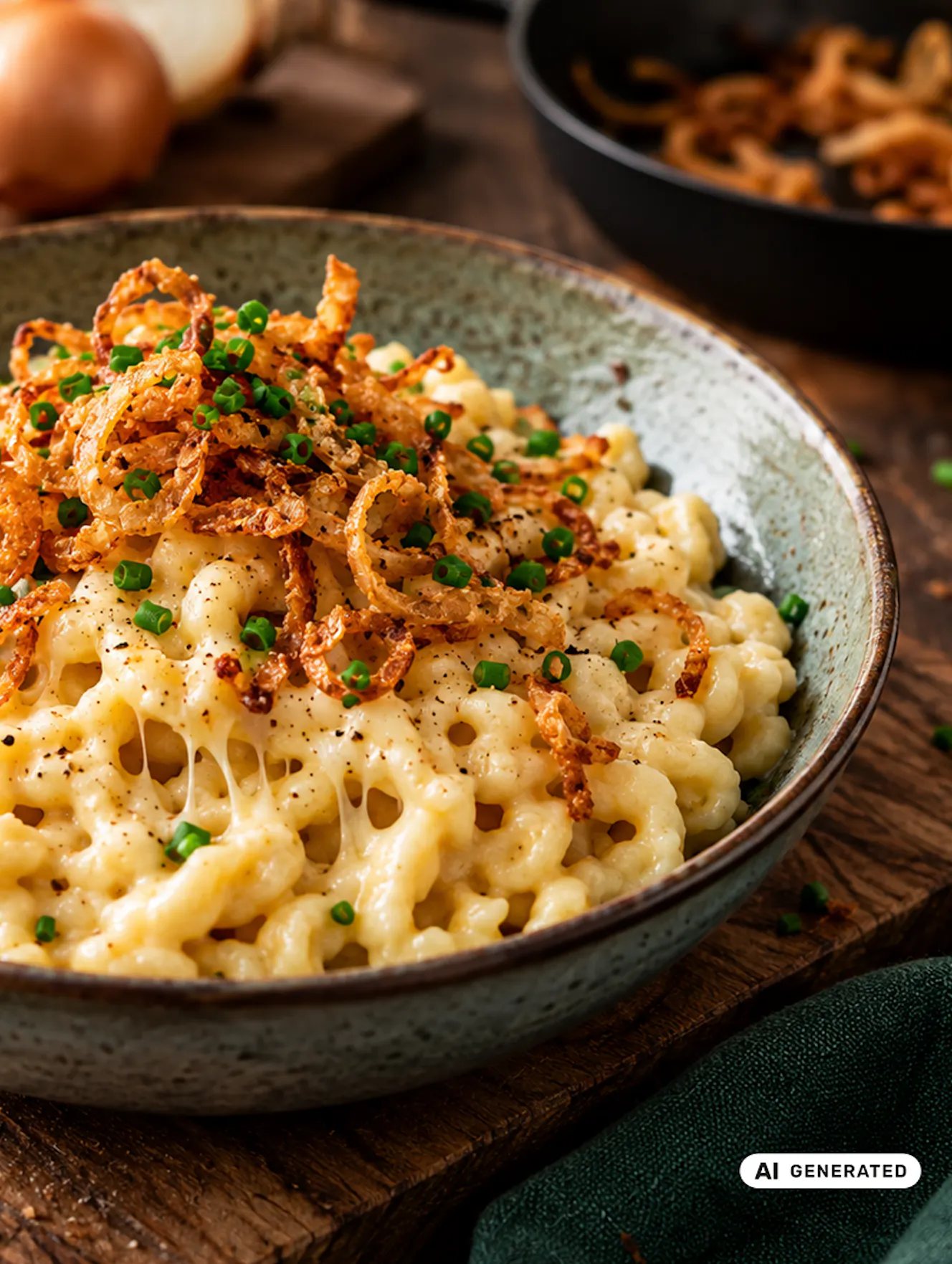 Eine rustikale Keramikschüssel mit cremigen, goldgelben Käsespätzle auf einem Holztisch. Die Spätzle sind mit geschmolzenem Käse überzogen und mit knusprigen Röstzwiebeln, frisch geschnittenem Schnittlauch und etwas Pfeffer garniert. Im Hintergrund sind unscharf Zwiebeln, Kräuter und eine Pfanne zu sehen. - teilweise KI-generiert