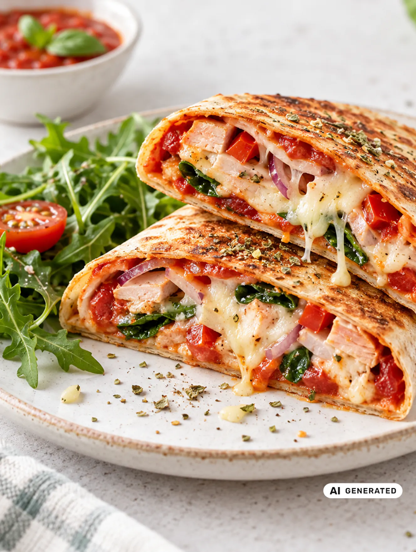 Ein Pizza Wrap gefüllt mit Käse, Tomaten, Paprika und Schinken auf einem weißen Teller - teilweise KI-generiert