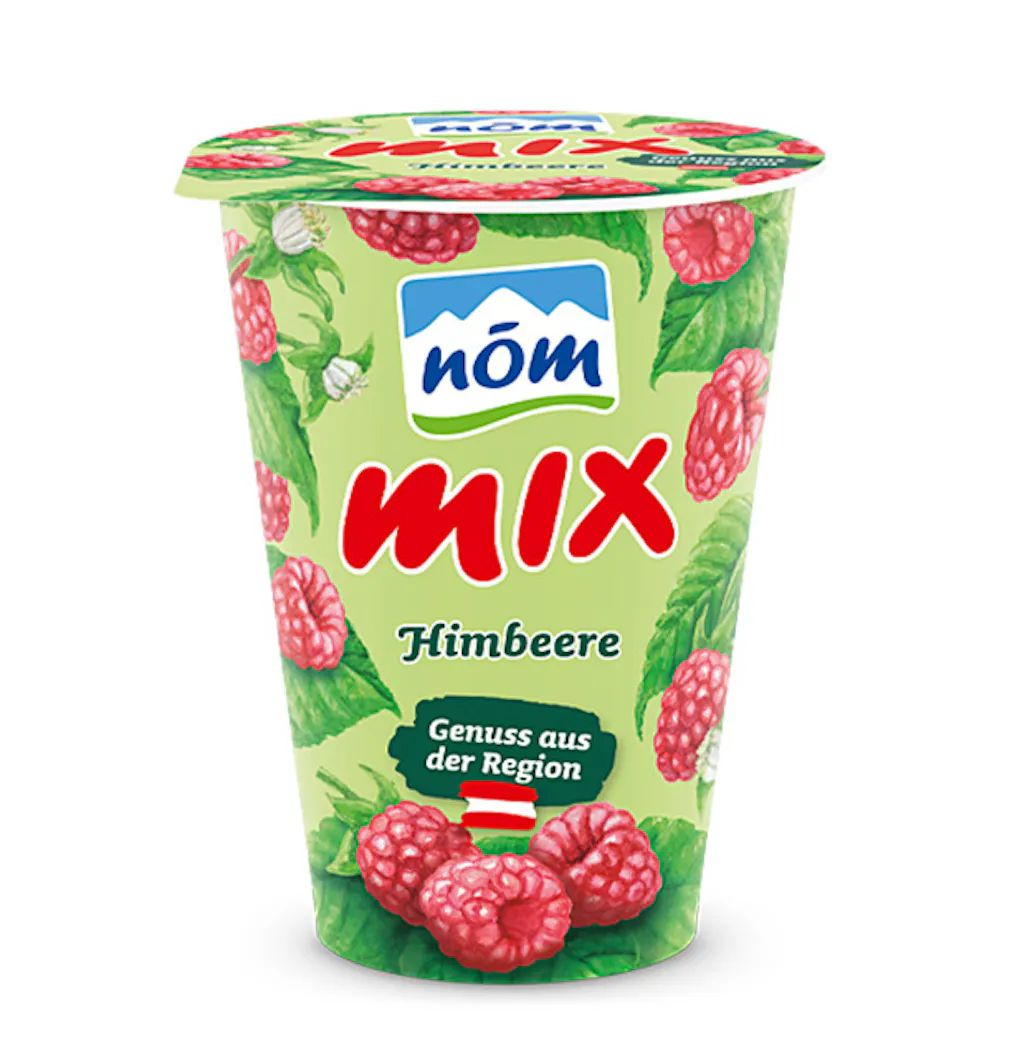 NÖM mix Himbeere im 180 g Kartonmantelbecher mit gezeichneten Früchten