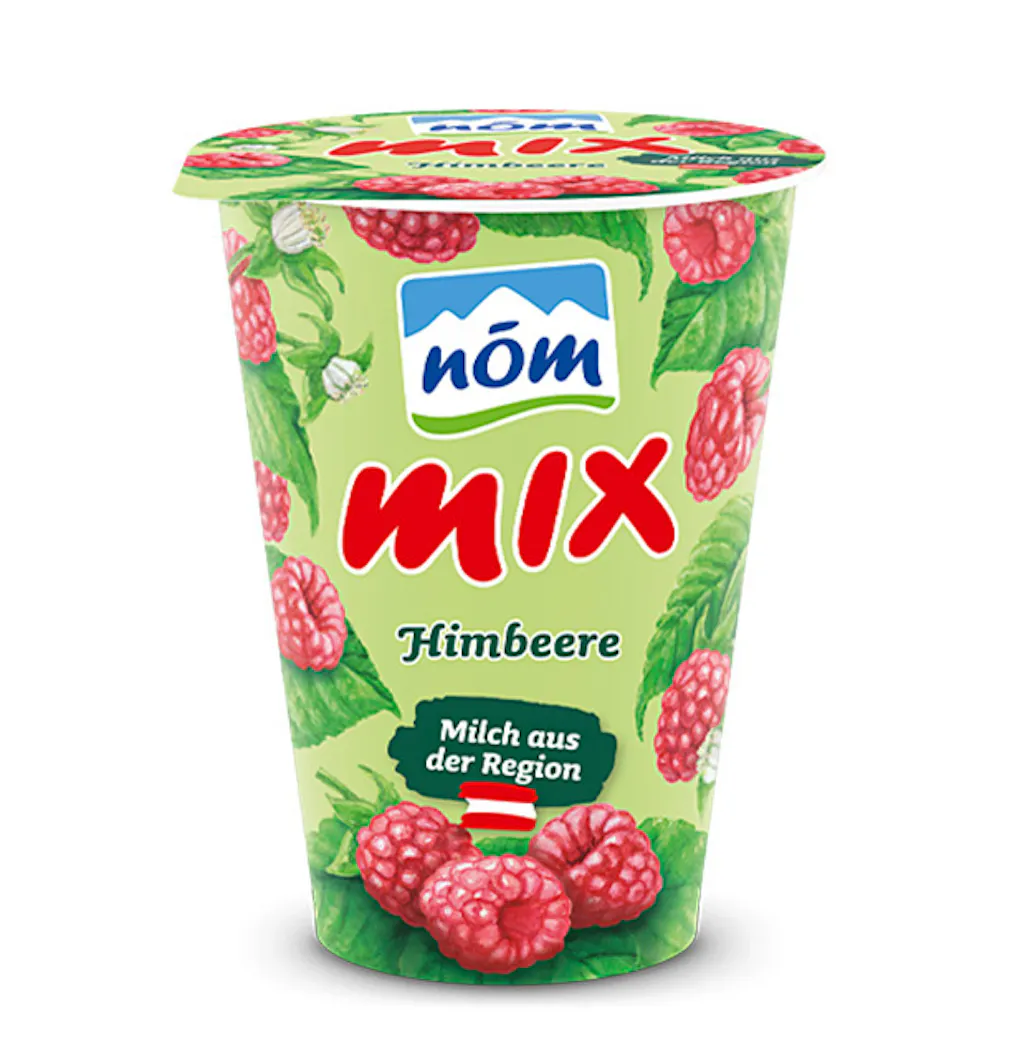 NÖM mix Himbeere im 180 g Kartonmantelbecher mit gezeichneten Früchten NÖM mix Himbeere im 180 g Kartonmantelbecher mit gezeichneten Früchten
