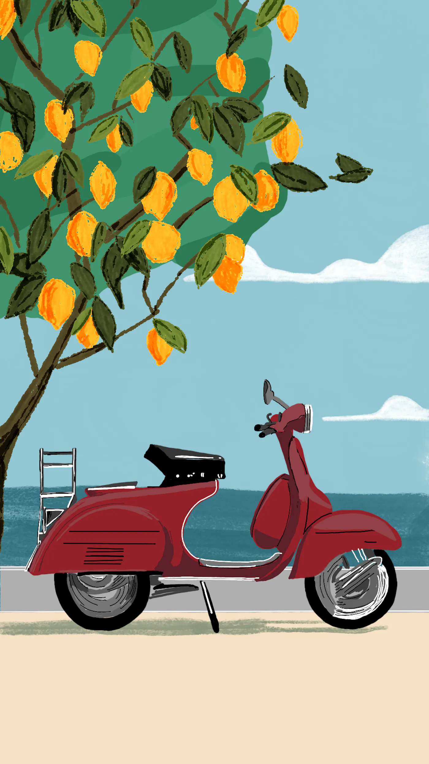 Eine rote Vespa unter einem Zitronenbaum. Im Hintergrund sieht man das Meer.