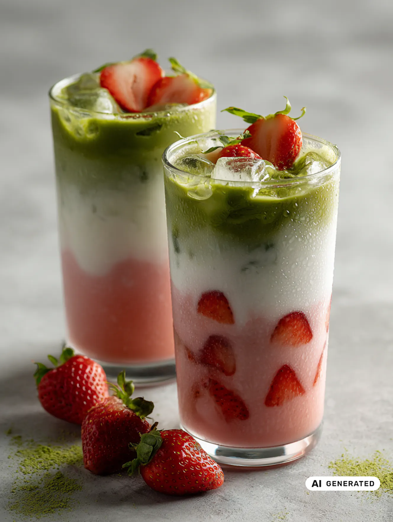 Iced Strawberry Matcha Protein Latte mit frischen Erdbeeren und dem NÖM PRO Skyr Drink Erdbeere - teilweise KI-generiert
