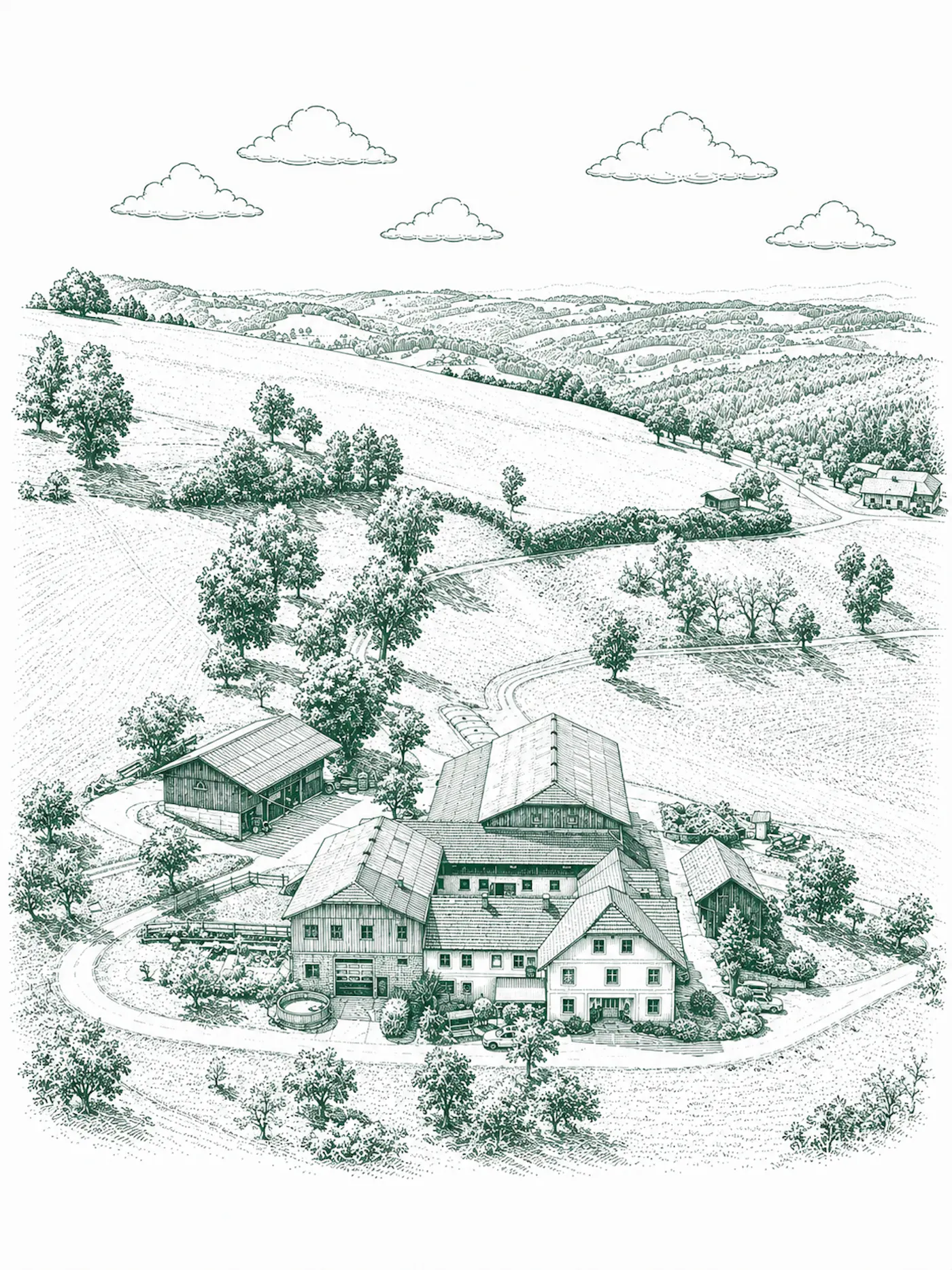 Eine Illustration des landwirtschaftlichen Hofes der Familie Falkensteiner, eingebettet zwischen Hügeln - teilweise KI-generiert