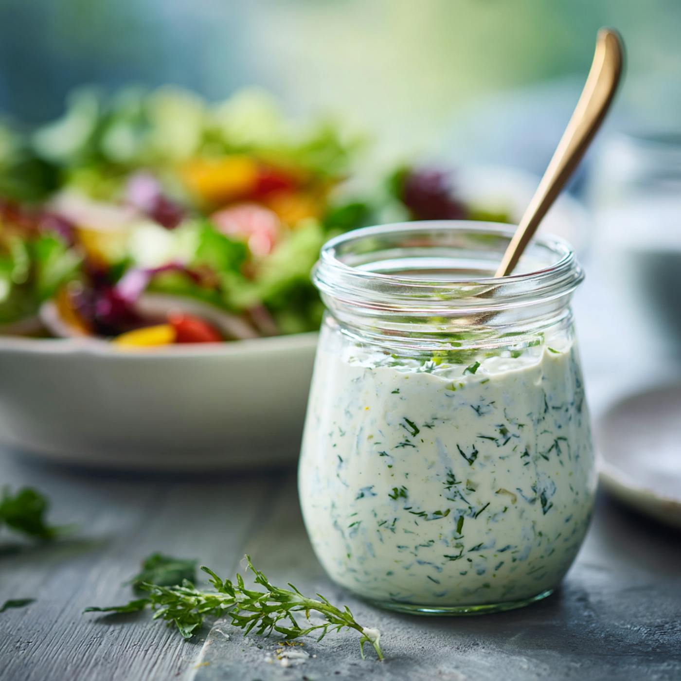 Ein Glas Joghurt-Dressing mit Kräutern auf einem Holztisch, im Hintergrund ist eine Schüssel Salat zu sehen Ein Glas Joghurt-Dressing mit Kräutern auf einem Holztisch, im Hintergrund ist eine Schüssel Salat zu sehen