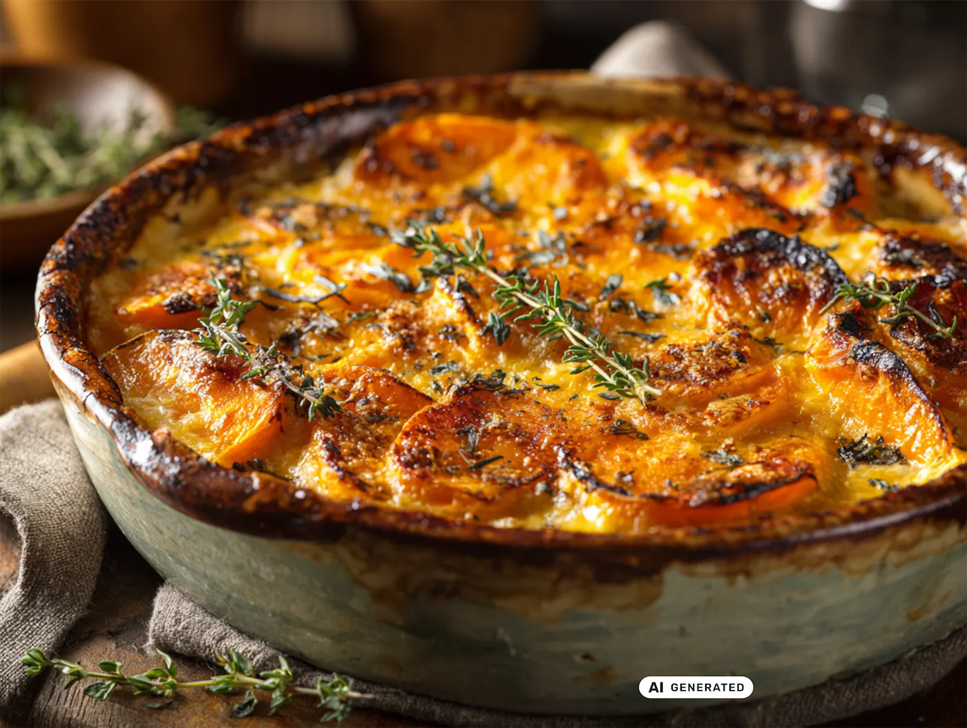 Kürbis-Süßkartoffelgratin in einer rustikalen Form mit frischen Kräutern - teilweise KI-generiert