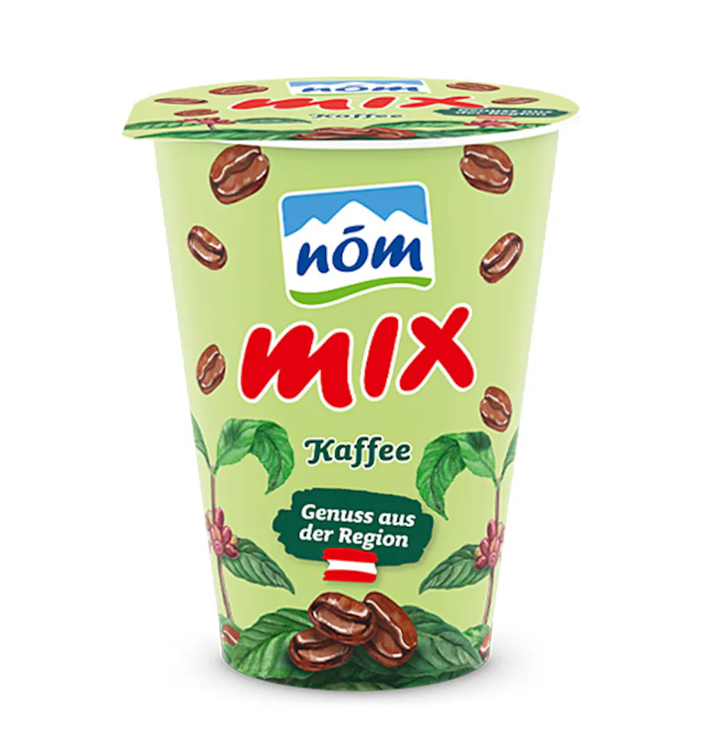 NÖM mix Kaffee im 180 g Kartonmantelbecher gezeichnet